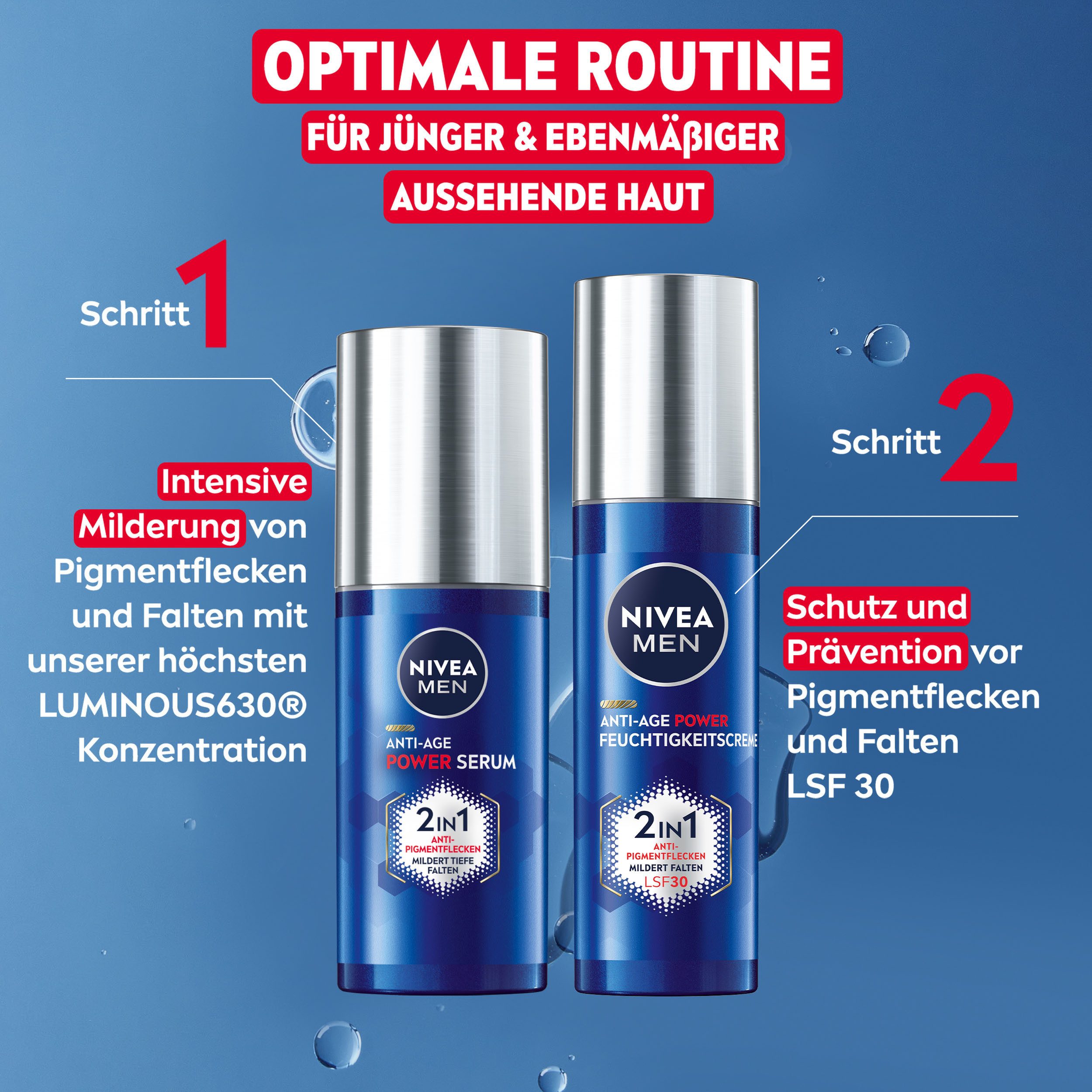 Nivea Men Gesichtsserum ANTI-AGE 2IN1 POWER SERUM, Mildert tiefe Falten, zieht schnell ein, 24h intensive Feuchtigkeit.