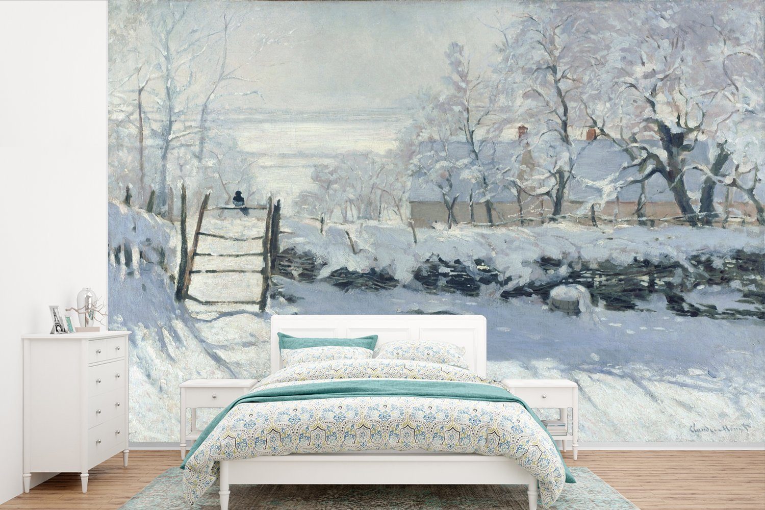 MuchoWow Fototapete Die Elster - Gemälde von Claude Monet, Matt, bedruckt, (6 St), Wallpaper für Wohnzimmer, Schlafzimmer, Kinderzimmer, Vinyl Tapete