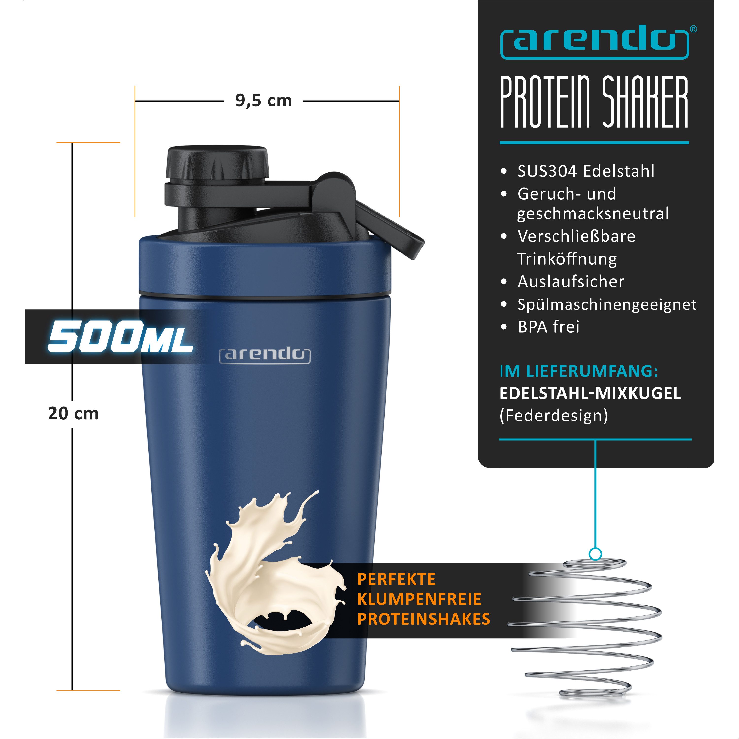 Arendo Protein Shaker Edelstahl Eiweißshaker 500 ml, dunkelblau, verschließbar, BPA-frei, Edelstahl, (1-tlg), auslaufsicher, spülmaschinengeeignet, mit Tragegri – Bild 2 von 5