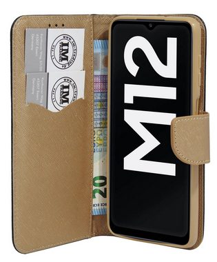 cofi1453 Handyhülle Buch Tasche "Fancy" SAMSUNG GALAXY M12 (M127F), Kunstleder Schutzhülle Handy Wallet Case Cover mit Kartenfächern, Standfunktion Schwarz