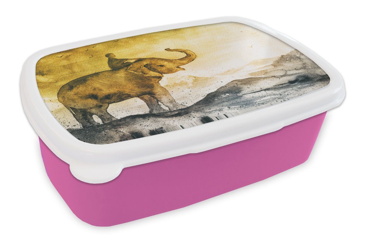 MuchoWow Lunchbox Elefant - Kind - Berg - Aquarell, Kunststoff, (2-tlg), Brotbox für Erwachsene, Brotdose Kinder, Snackbox, Mädchen, Kunststoff rosa