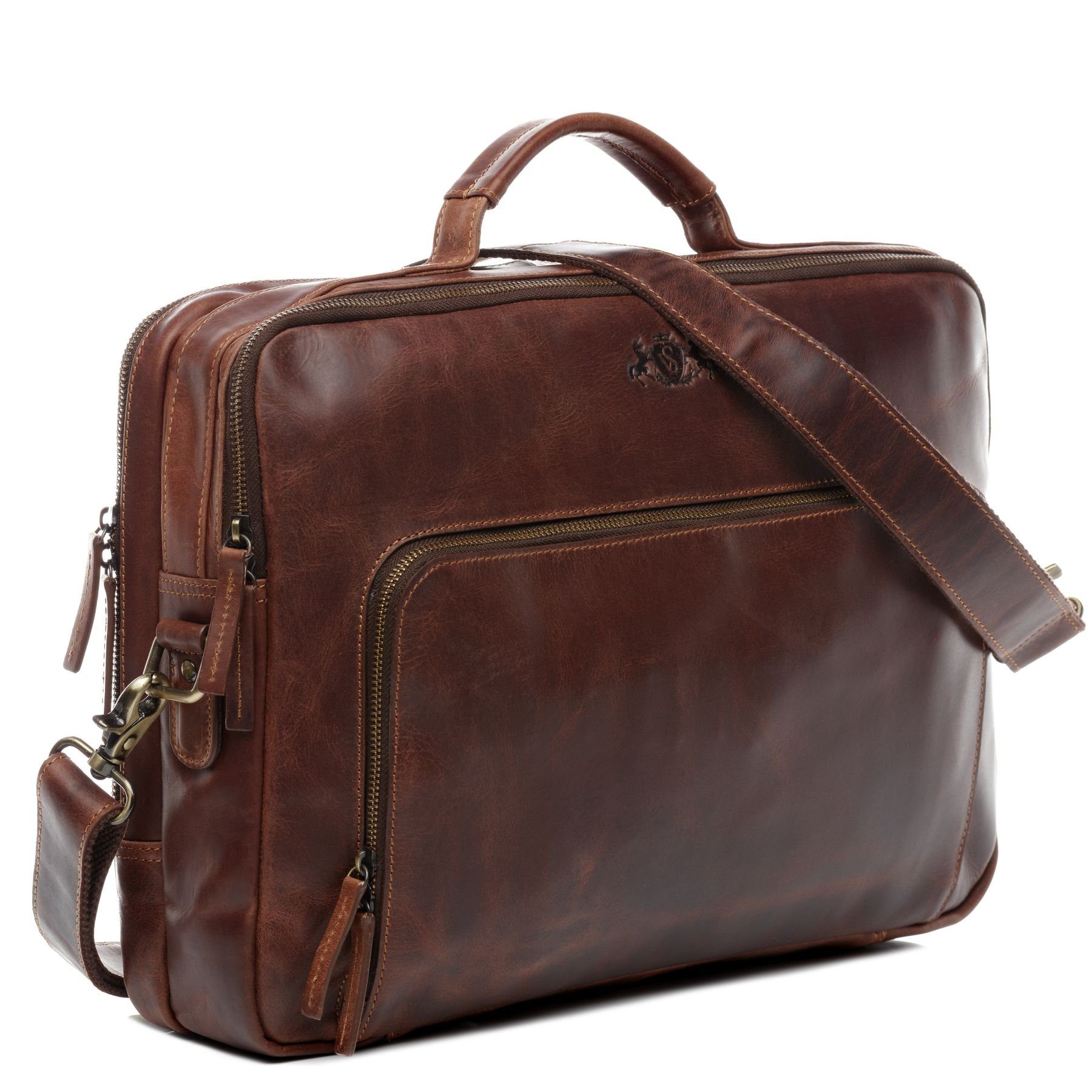 SID & VAIN Umhängetasche echt Leder Aktentasche 15 Zoll Laptop-Hülle braun, Laptoptasche 15,4 Zoll, Arbeitstasche Umhängetasche Damen Herren braun
