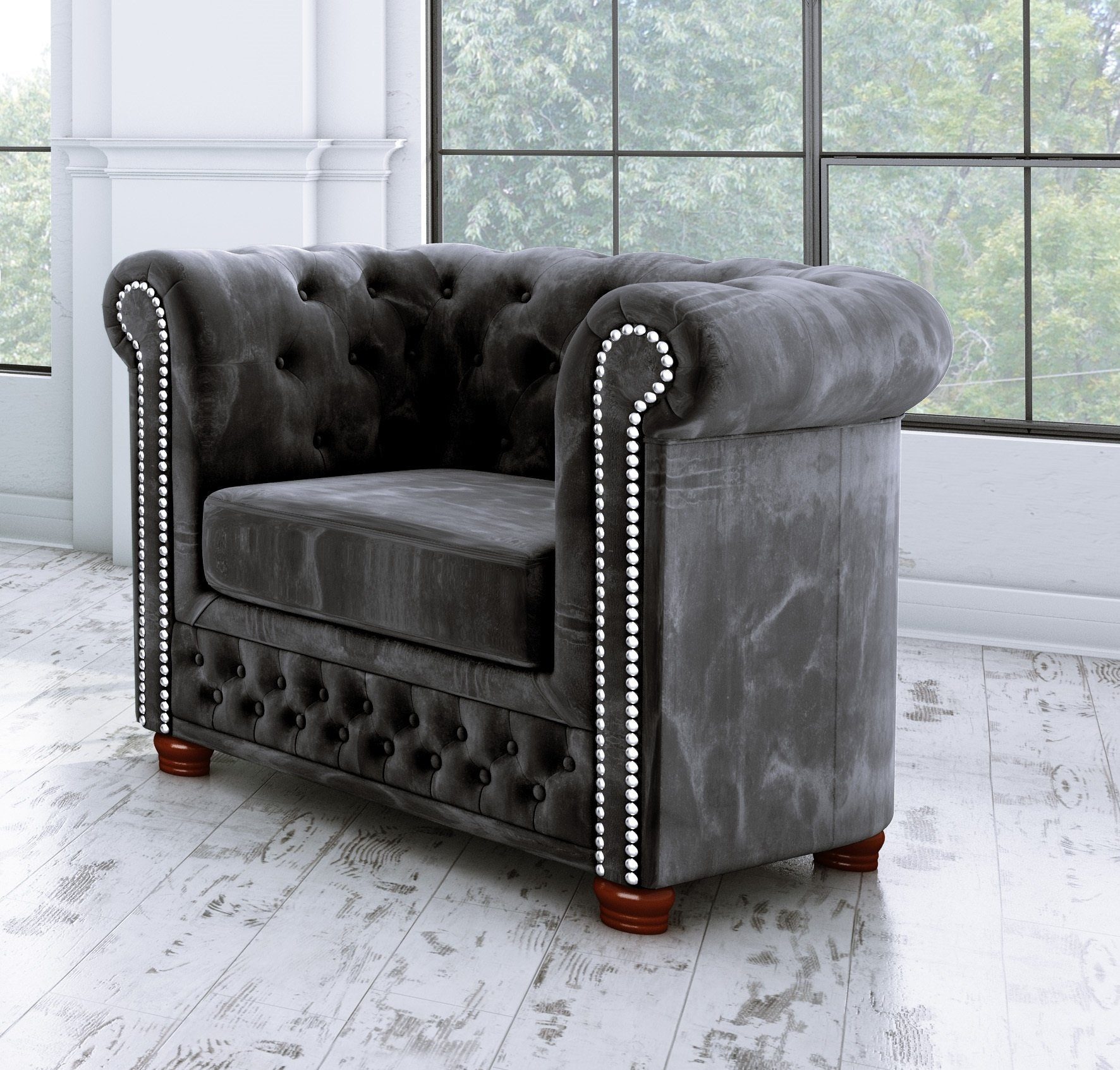 Chesterfield-Sessel S-Style mit Schwarz Möbel Wellenfederung Leeds,