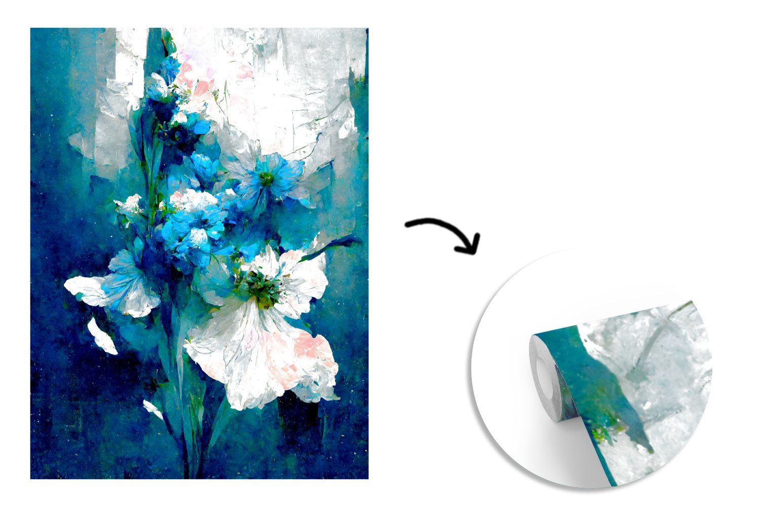 Wohnzimmer, Montagefertig (4 für Matt, Fototapete bedruckt, Blumen - Vinyl St), - MuchoWow Wandtapete Blumenstrauß - Tapete Farbe Blau,