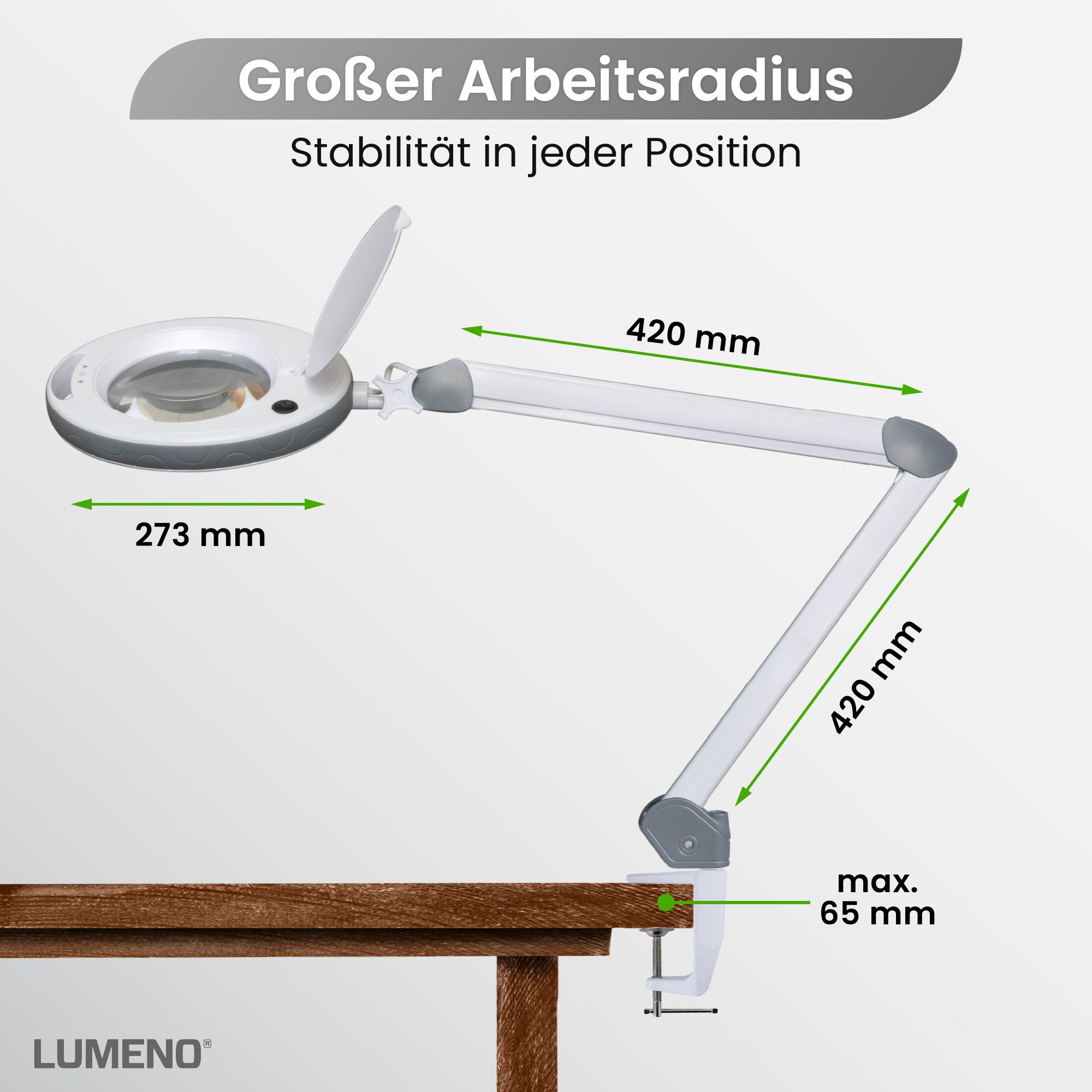 Lumeno Lupenlampe 851X dimmbare LED-Lupenleuchte, 152 mm kristallklare Linse, LED fest integriert, Kaltweiß, 6500 K