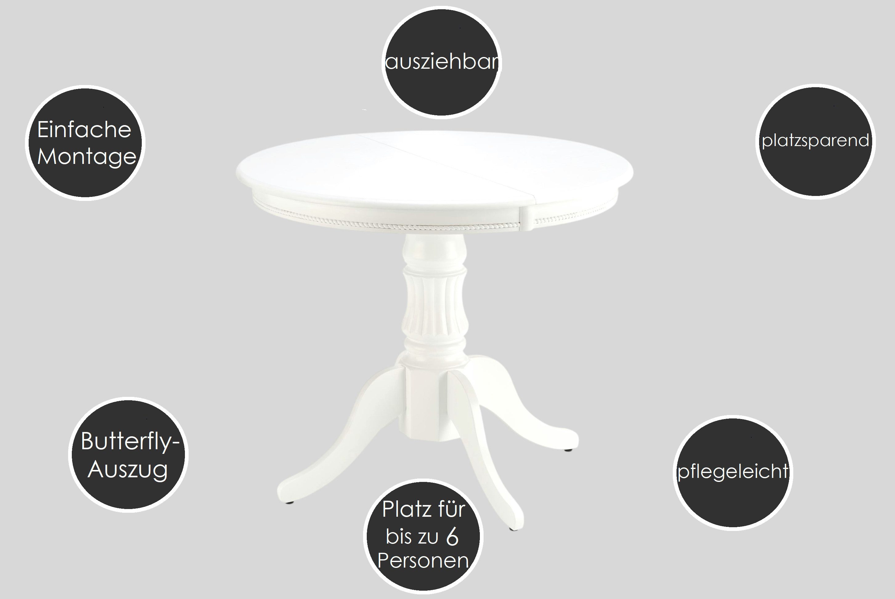 designimpex Esstisch Esstisch HAW-111 rund ausziehbar Weiß Massiv Tisch Echtholz Esszimmer, Esstisch, Esszimmertisch, Küche, Tisch, Couchtisch, Wohnzimmertisch – Bild 5 von 5