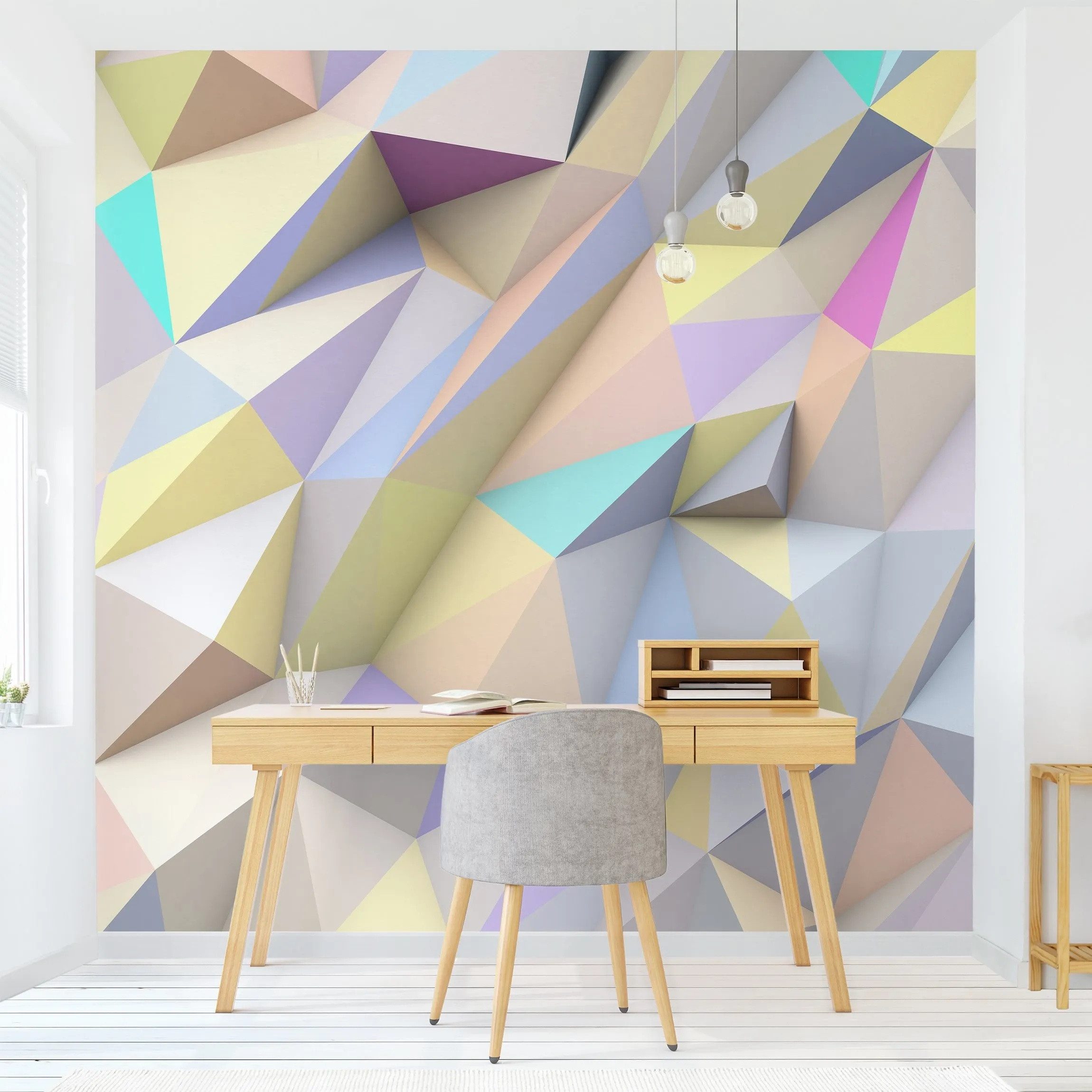 Bilderdepot24 3D-Tapete Effekt Geometrische Pastell Dreiecke 3D 3D-Optik Modern Wanddeko, Glatt, Matt, (Vliestapete inkl. Kleister oder selbstklebend), Wohnzimmer Schlafzimmer Küche Flur Fototapete Vliestapete Wandtapete