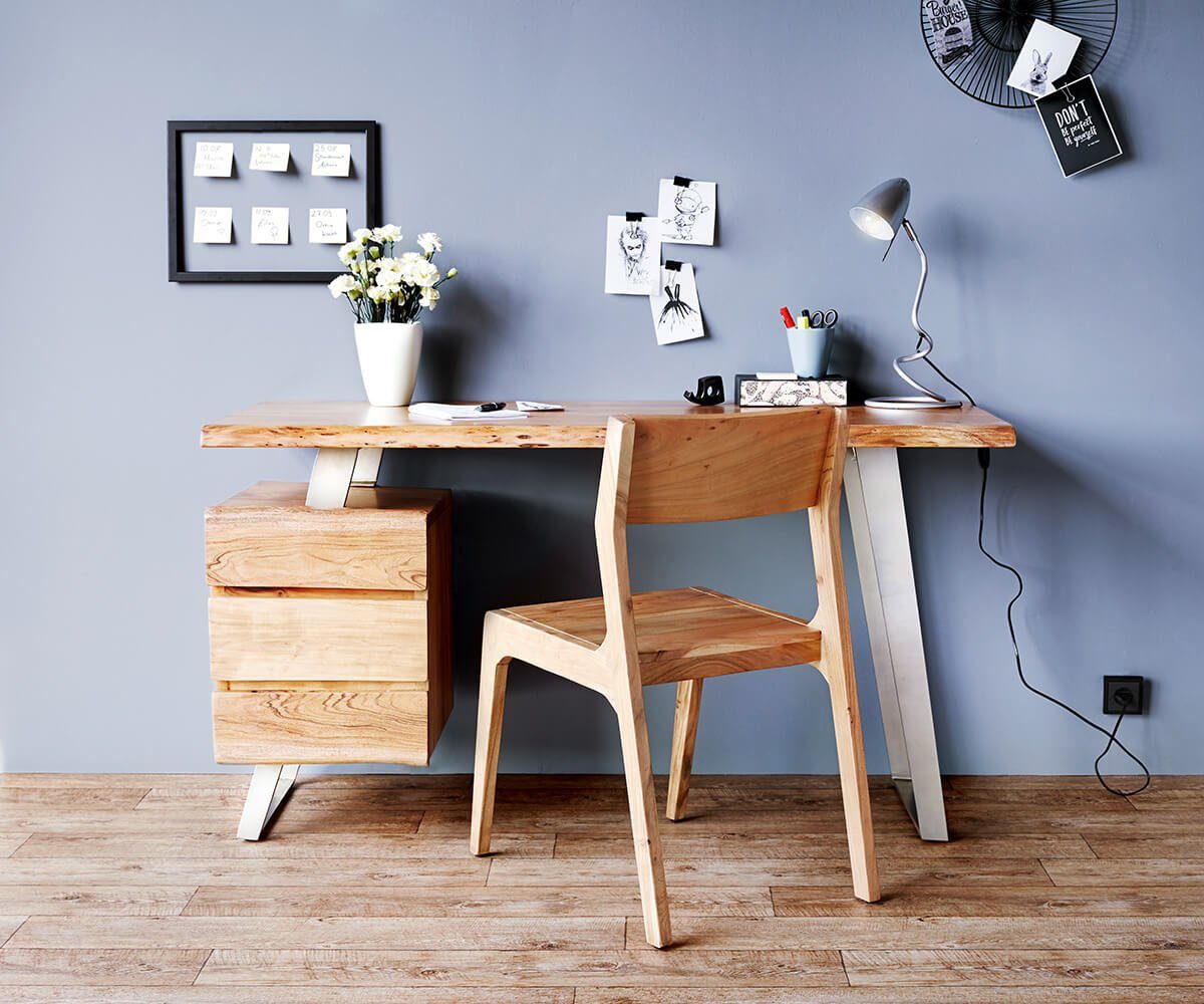 DELIFE Schreibtisch Live-Edge, Akazie Natur 150x60 cm massiv Baumkante 3 Schübe Schreibtisch
