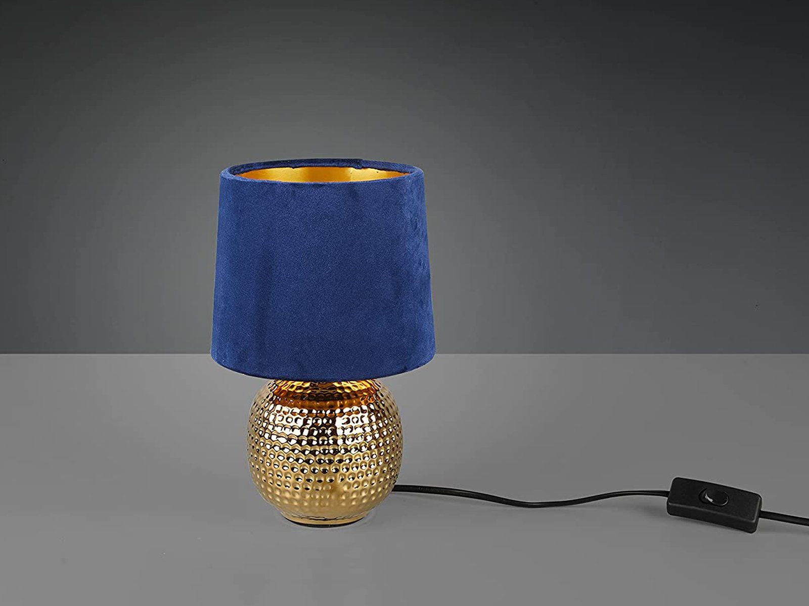 Reality Leuchten LED Nachttischlampe, Dimmfunktion, LED wechselbar, Warmweiß, kleine ausgefallen-e Samt Lampenschirm dimmbar Blau Gold-en, Höhe 26cm