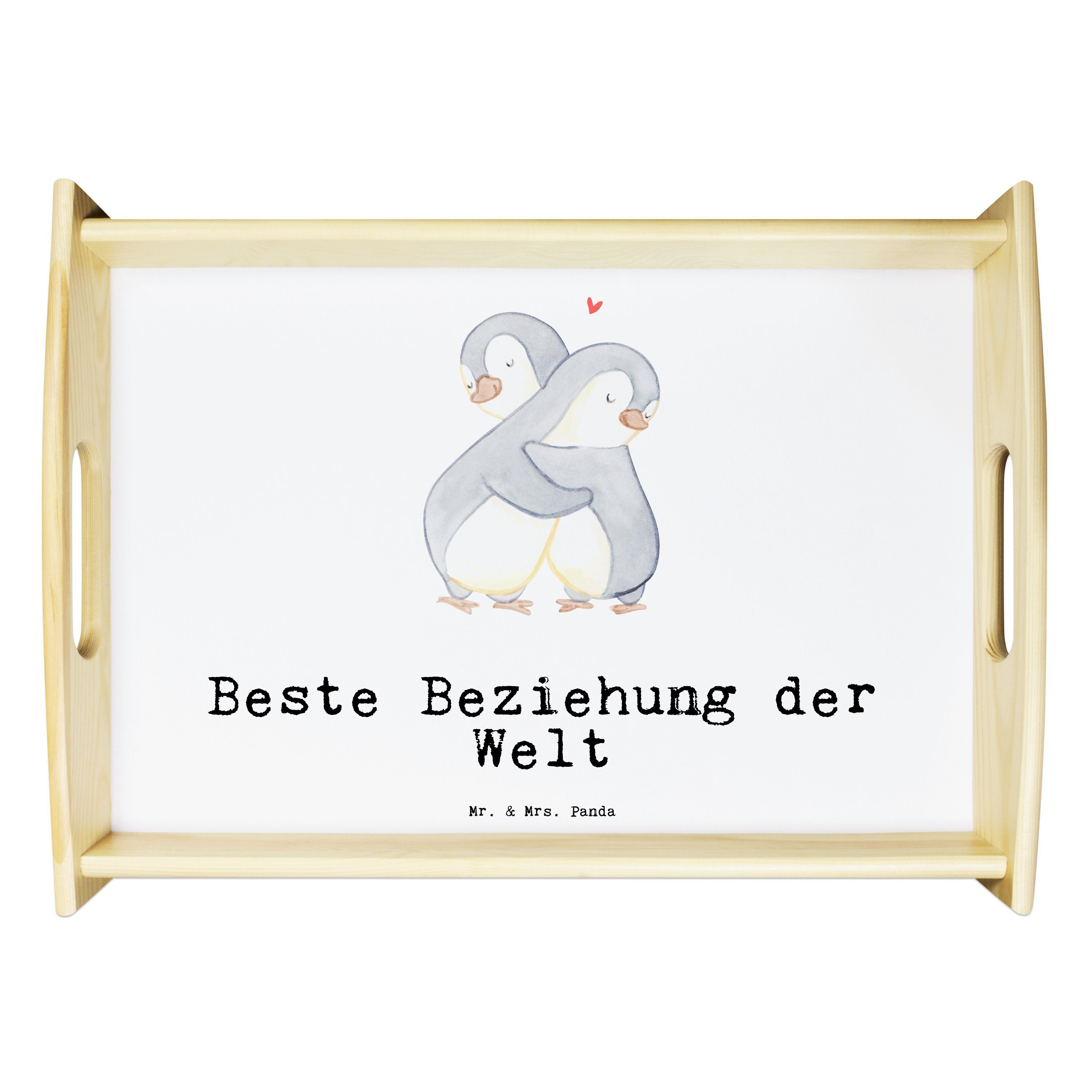Mr. & Mrs. Panda Tablett Pinguin Beste Beziehung der Welt - Weiß - Geschenk, Holztablett, Zusa, Echtholz lasiert, (1-tlg)