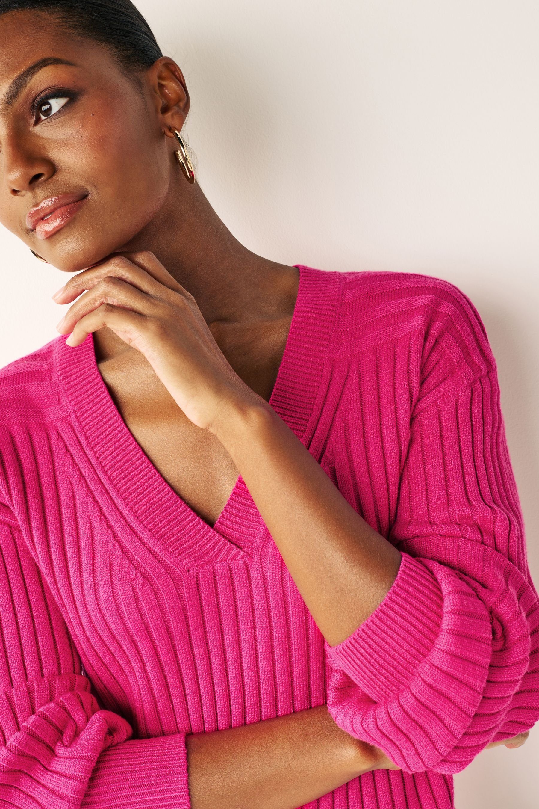 (1-tlg) Next Pink V-Ausschnitt-Pullover Bright Ripp-Oberteil mit V-Ausschnitt