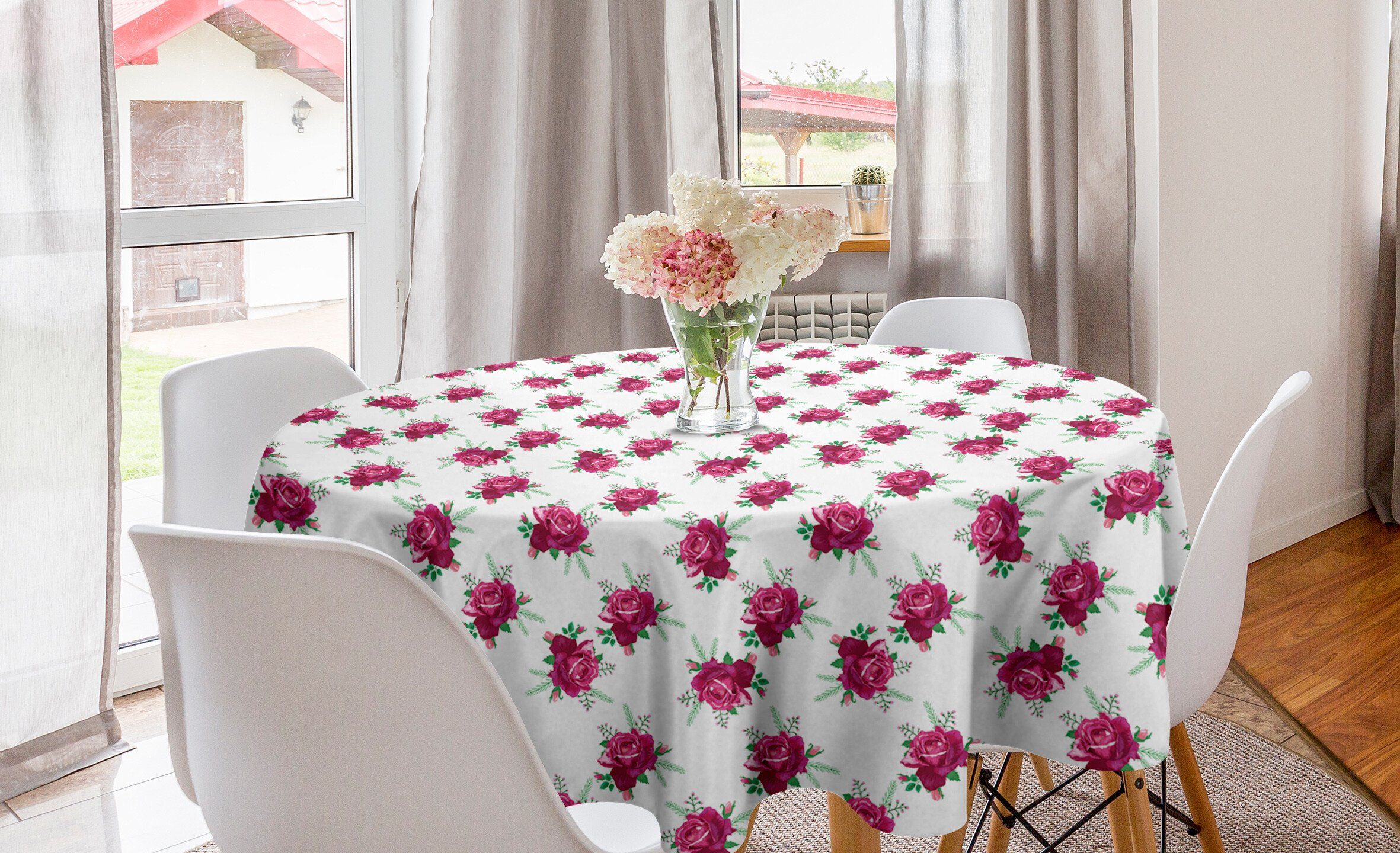 Abakuhaus Tischdecke Kreis Tischdecke Abdeckung für Esszimmer Küche Dekoration, Romantisch Blooming Rose und Knospen
