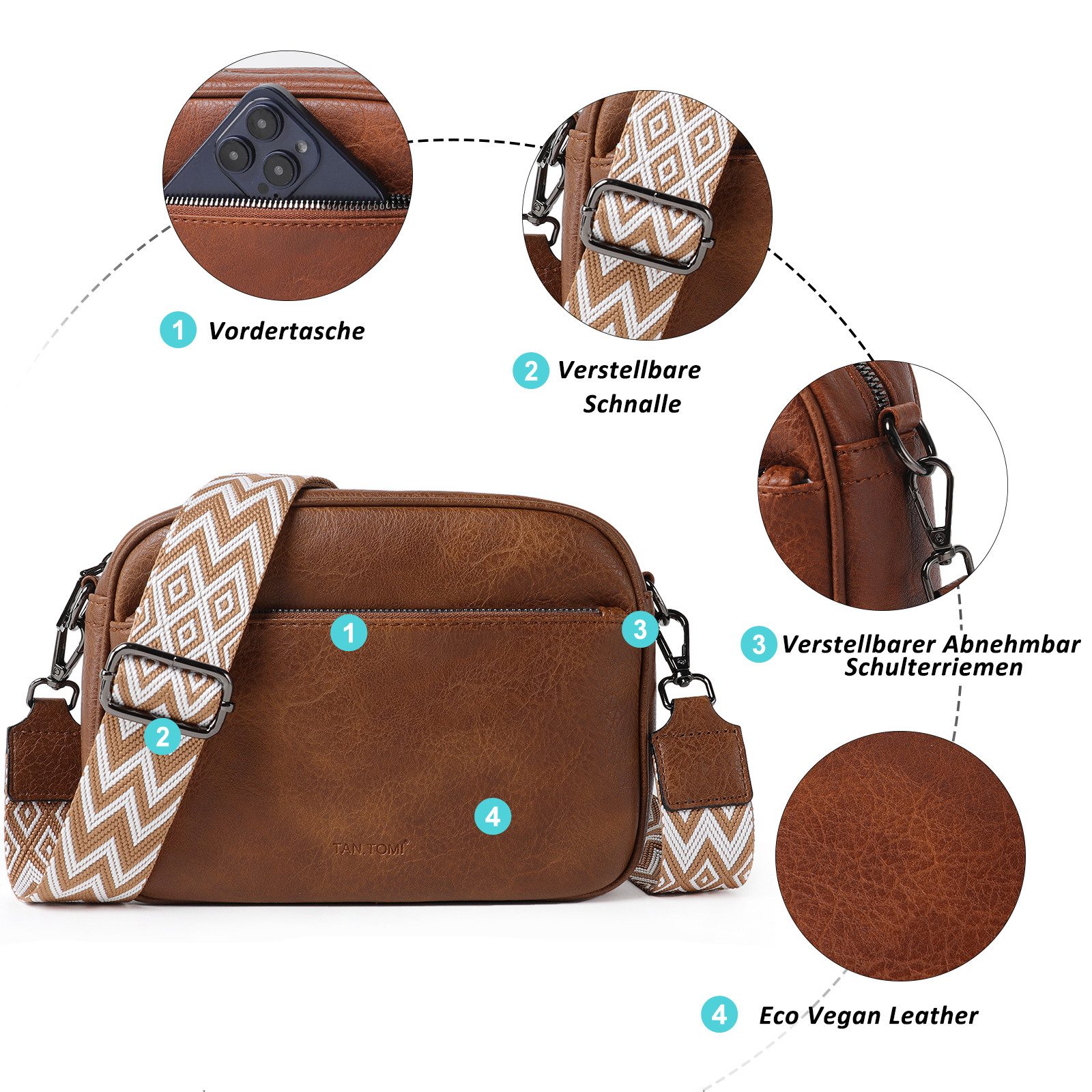 TAN.TOMI Umhängetasche Damen Handy Schultertasche, Kunstleder Crossbody Umhängetasche (Drei Reißverschlussfächern mit Verstellbar Abnehmbar Schultergurt), Breiter Riemen Abendtasche