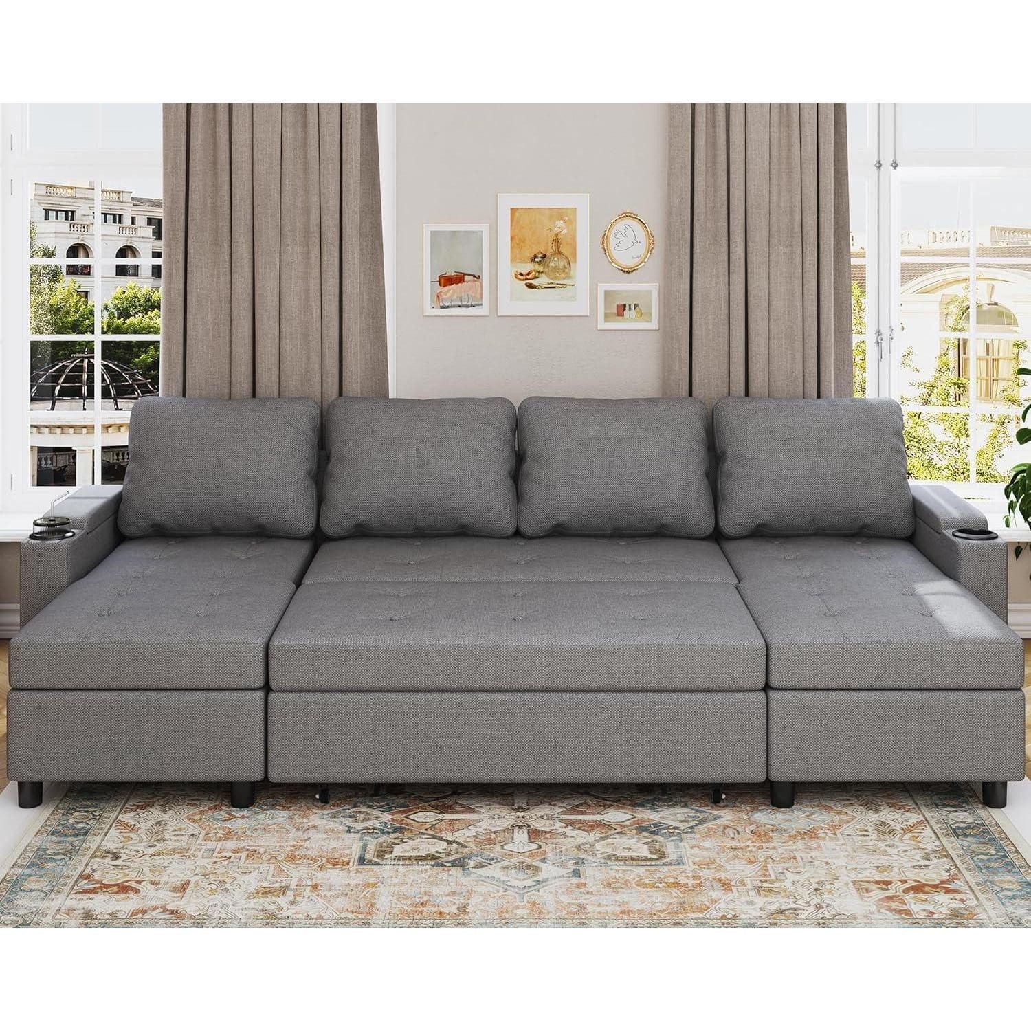 LuxusKollektion Ecksofa Ecksofa Schlafsofa Bettkasten U Form 4 Sitzer 254cm - U Hellgrau