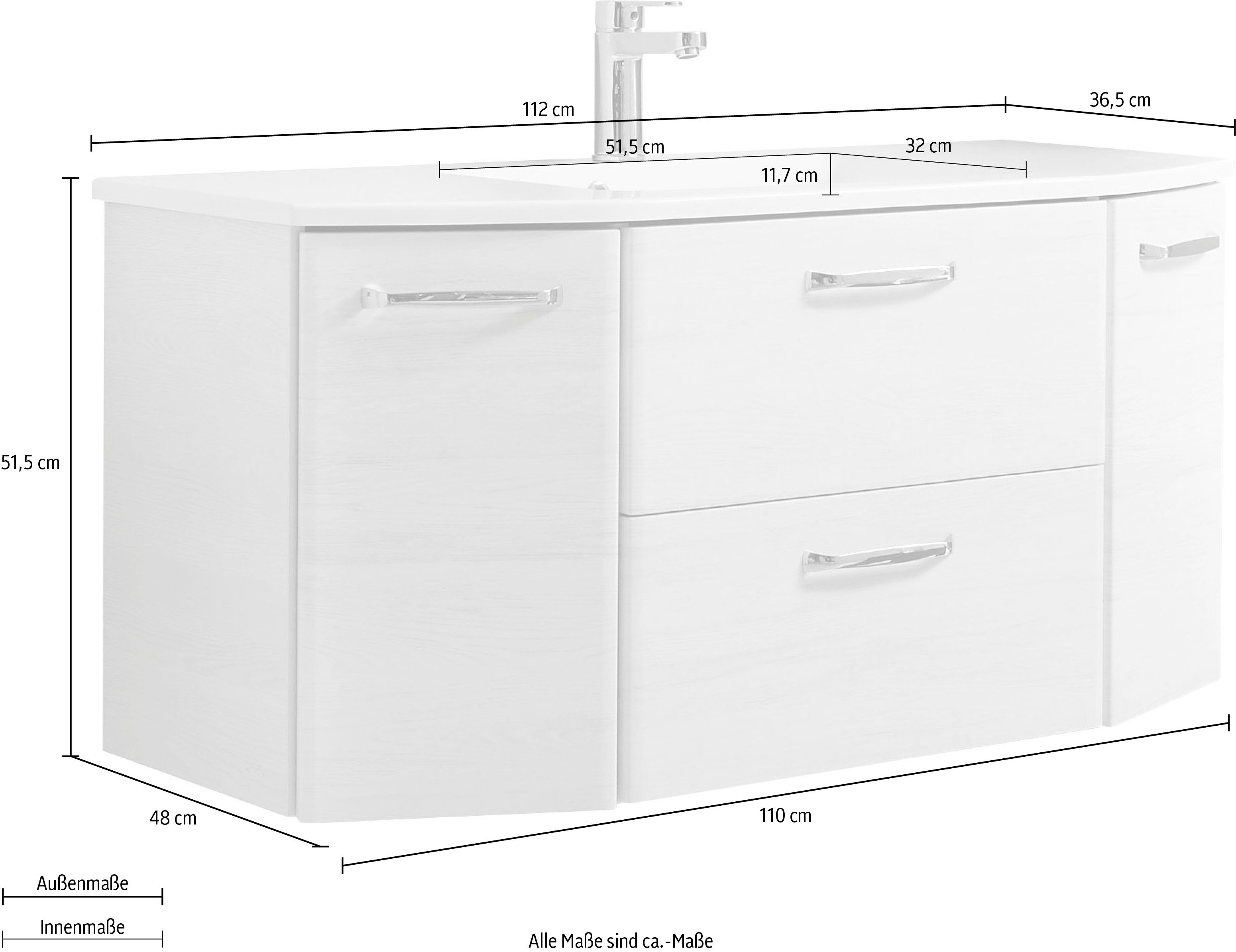 Saphir Quickset vanity unit including mineral marble washbasin, 112cm wide, 2 doors, base cabinet with sink, including door dampers, chrome handles