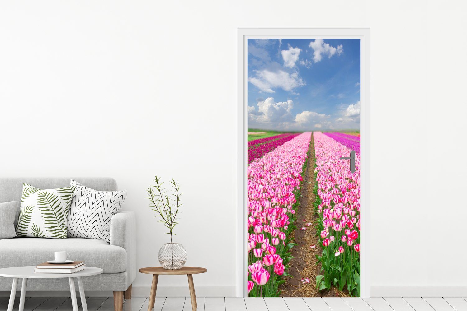 Tulpen bedruckt, Sonne MuchoWow (1 für Türtapete - Fototapete cm Frühling, Türaufkleber, - 75x205 St), Tür, Matt,