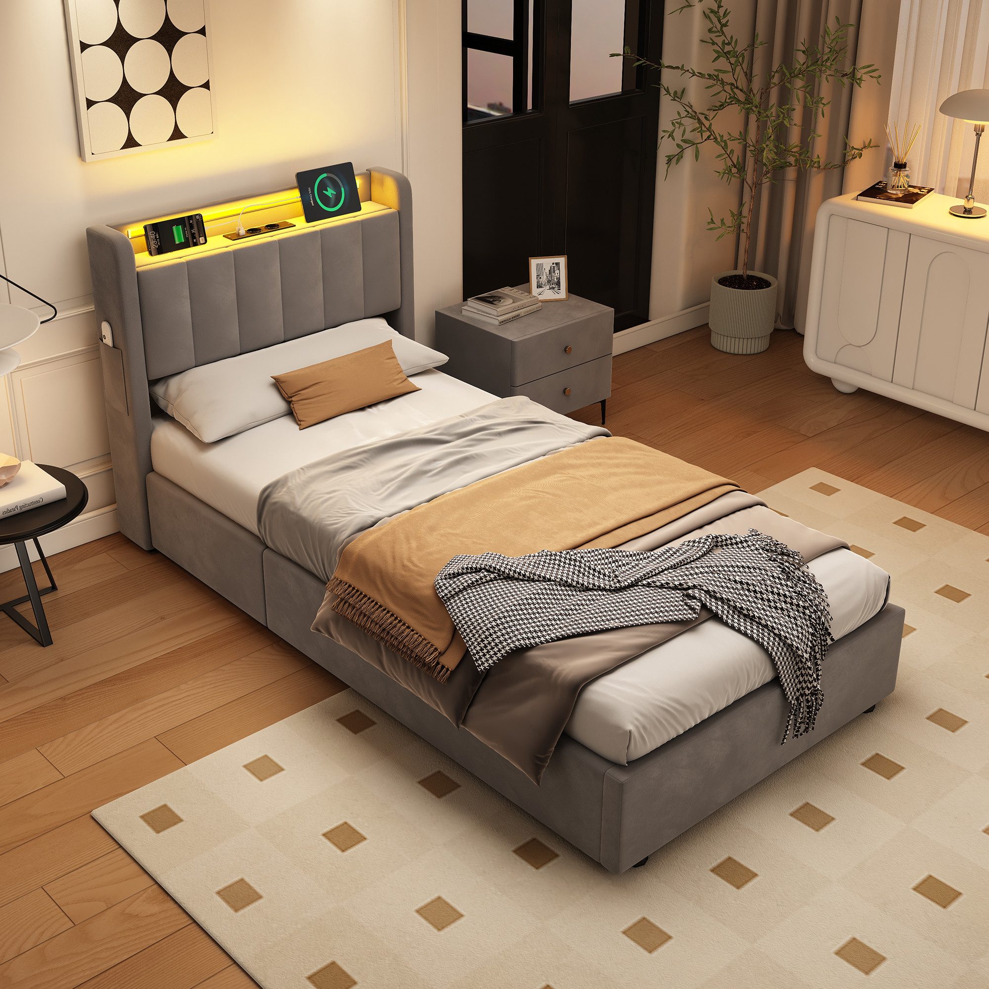OKWISH Polsterbett mit Hydraulik, LED-Beleuchtung, Steckdosen und USB-Ladeanschlüssen (Funktionsbett, 1-tlg., 90x200 cm, Samt,ohne Matratze), Kopfteil mit Einlegeböden und Stauraum