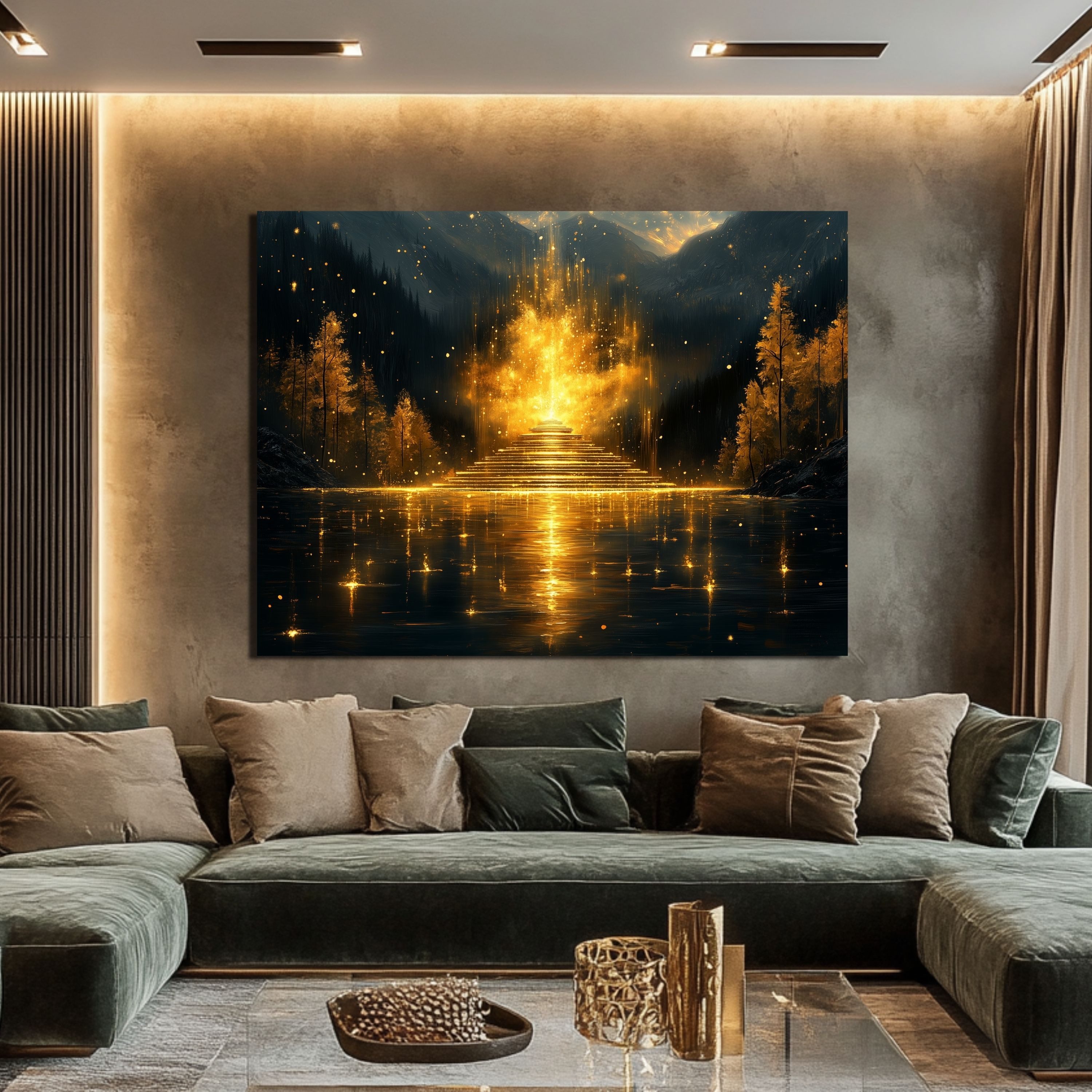 DARO Design Leinwandbild Modern Abstrakt Wandbilder XXL Wandbild Wand Deko Leinwand Bilder, (goldener Altar - Bild groß Wohnzimmer Schlafzimmer Küche Esszimmer Einteilig Querformat Fotodruck Leinwände Wanddeko Abstrakte Kunst Boho), 40x30cm
