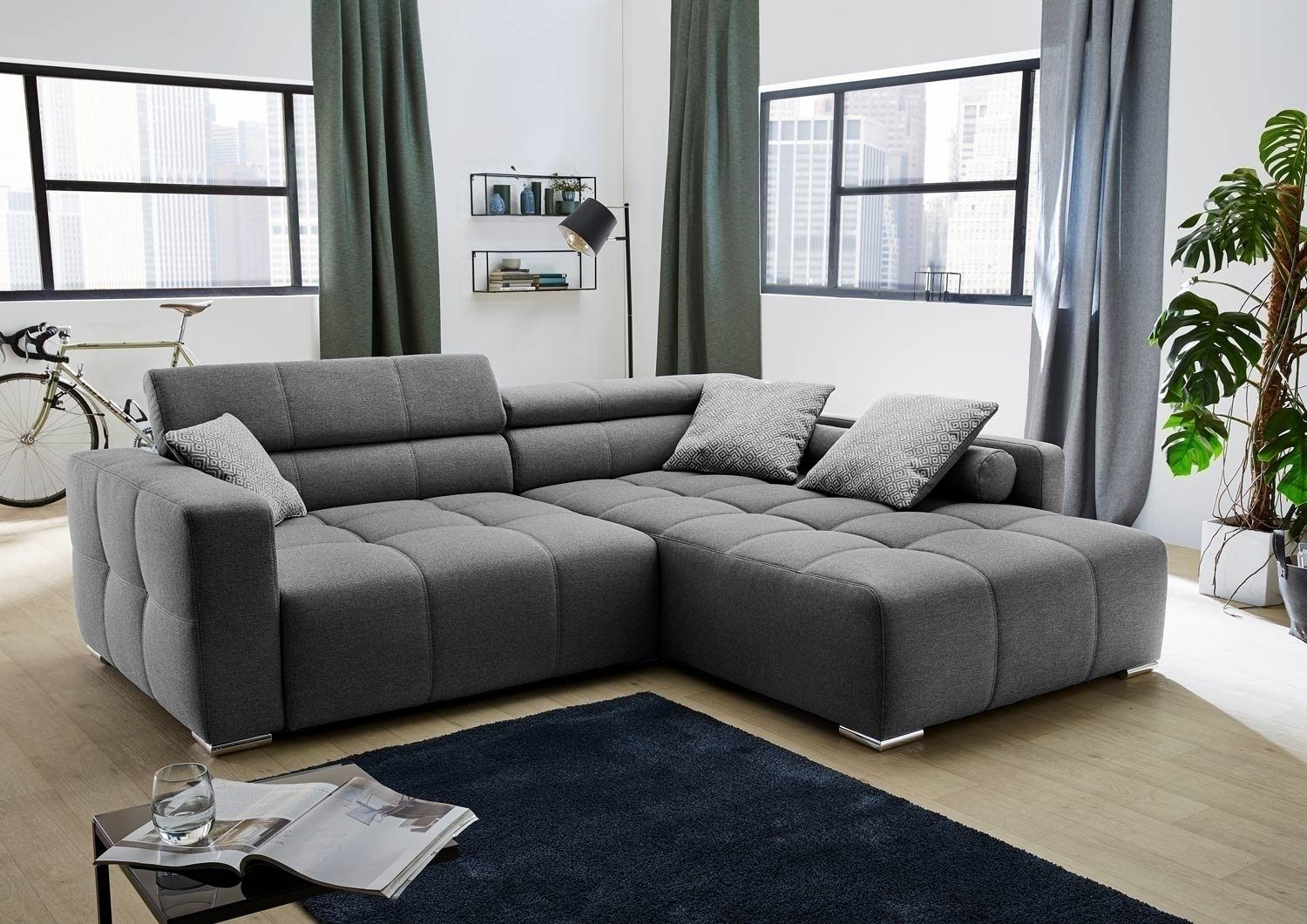 Jockenhöfer Gruppe Sofa Polsterecke SALERNO, Grau, Flachgewebe, Ottomane beidseitig montierbar