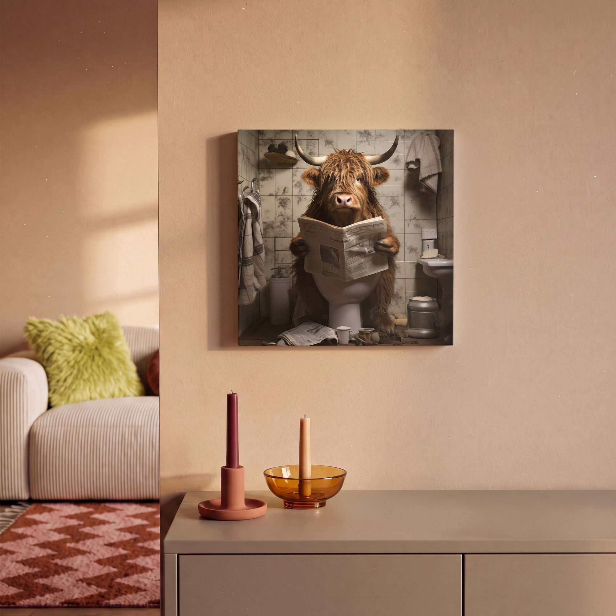 OneMillionCanvasses® Leinwandbild Scotch highlander - Toilette - Zeitung - Badezimmer, Fotodruck (1 St), Leinwand Bilder Klein, Wand Dekoration Aesthetic 30x20  – Bild 2 von 5