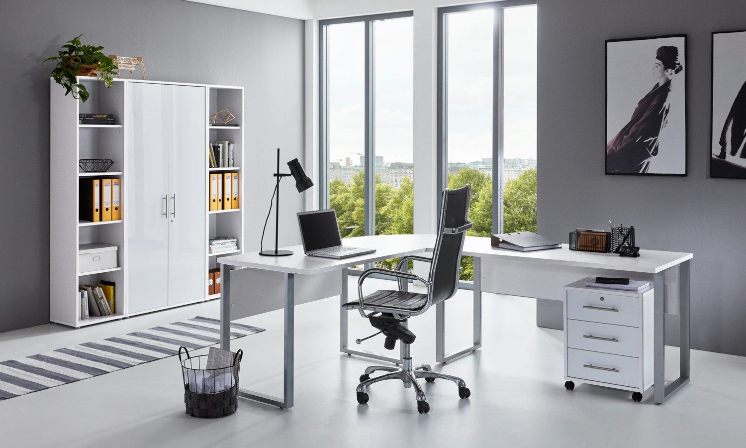 moebel-dich-auf Büromöbel-Set TABOR PRO Set 3, (abschließbar, 5-tlg., Winkelschreibtisch mit Rollcontainer + Aktenschrank + 2 Aktenregale), mit Edelstahlgriffen & lackierten Fronten, MADE IN GERMANY