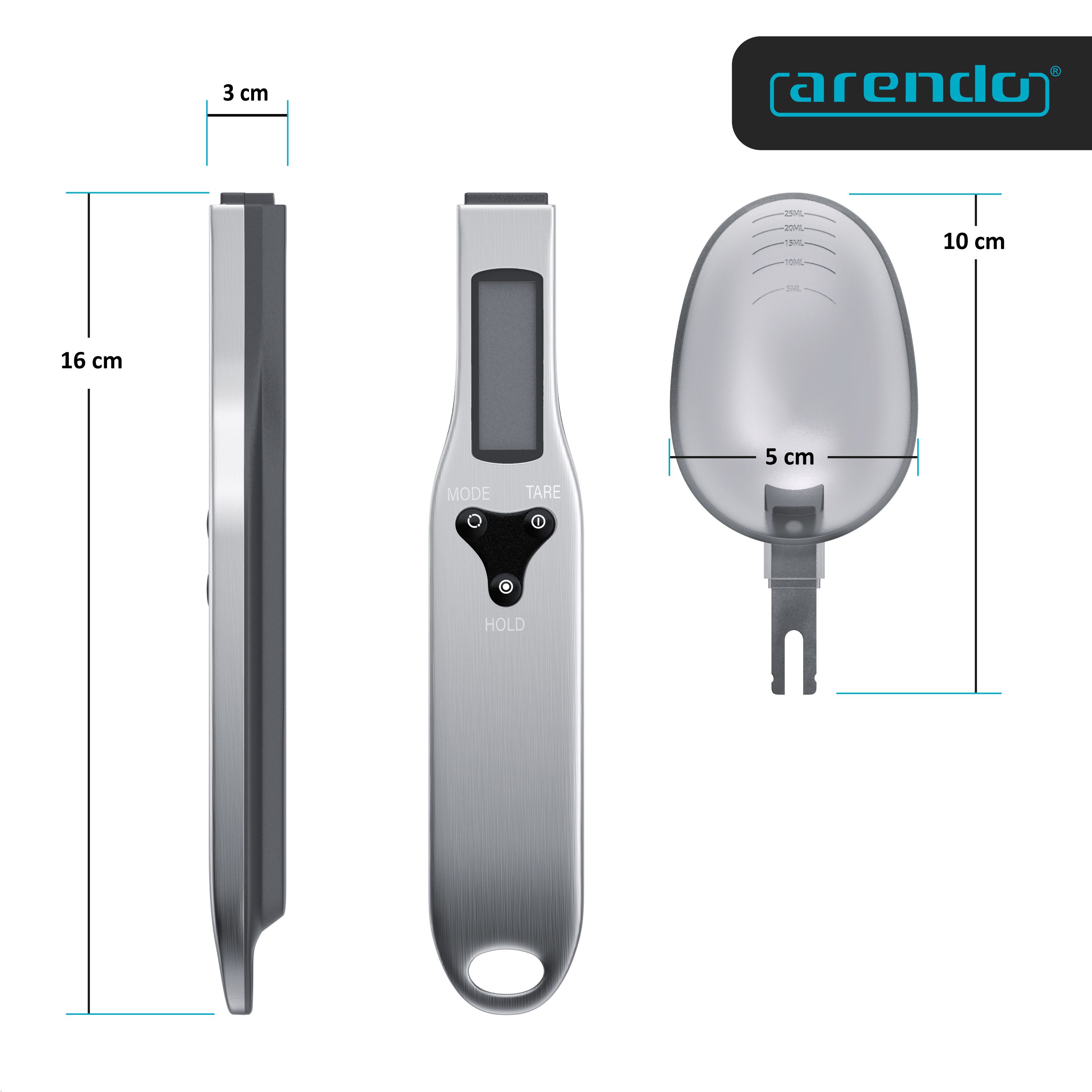 Arendo Löffelwaage Küchenwaage Feinwaage digital, 0,1 g, 1–500 g, LCD-Anzeige, aufhängbar, (1-tlg), Einheiten g oz gn ct, abnehmbarer Löffel, Abschaltautomatik 60 s
