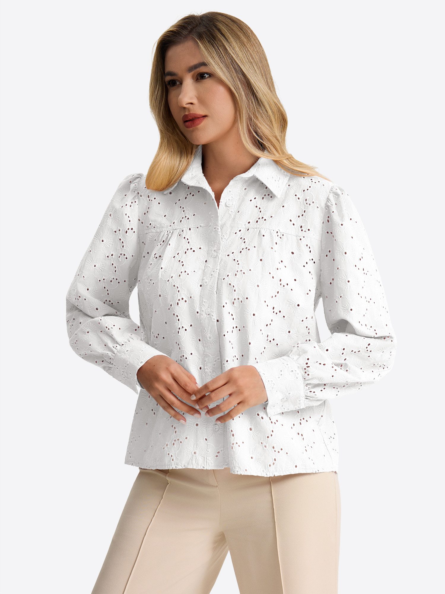 Imily Bela Blusentop Damen Langarm Bluse mit Lochstickerei und Puffärmeln (Packung, 1-tlg., 1per-Pack) in Unifarbe