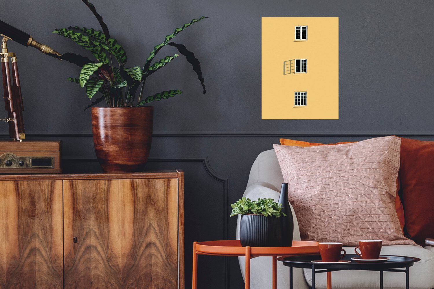 Rahmen für Wandbild, (1 MuchoWow - - Gelb, Ohne St), Wohnzimmer, - Poster Offen Fenster Wandposter Poster, Architektur