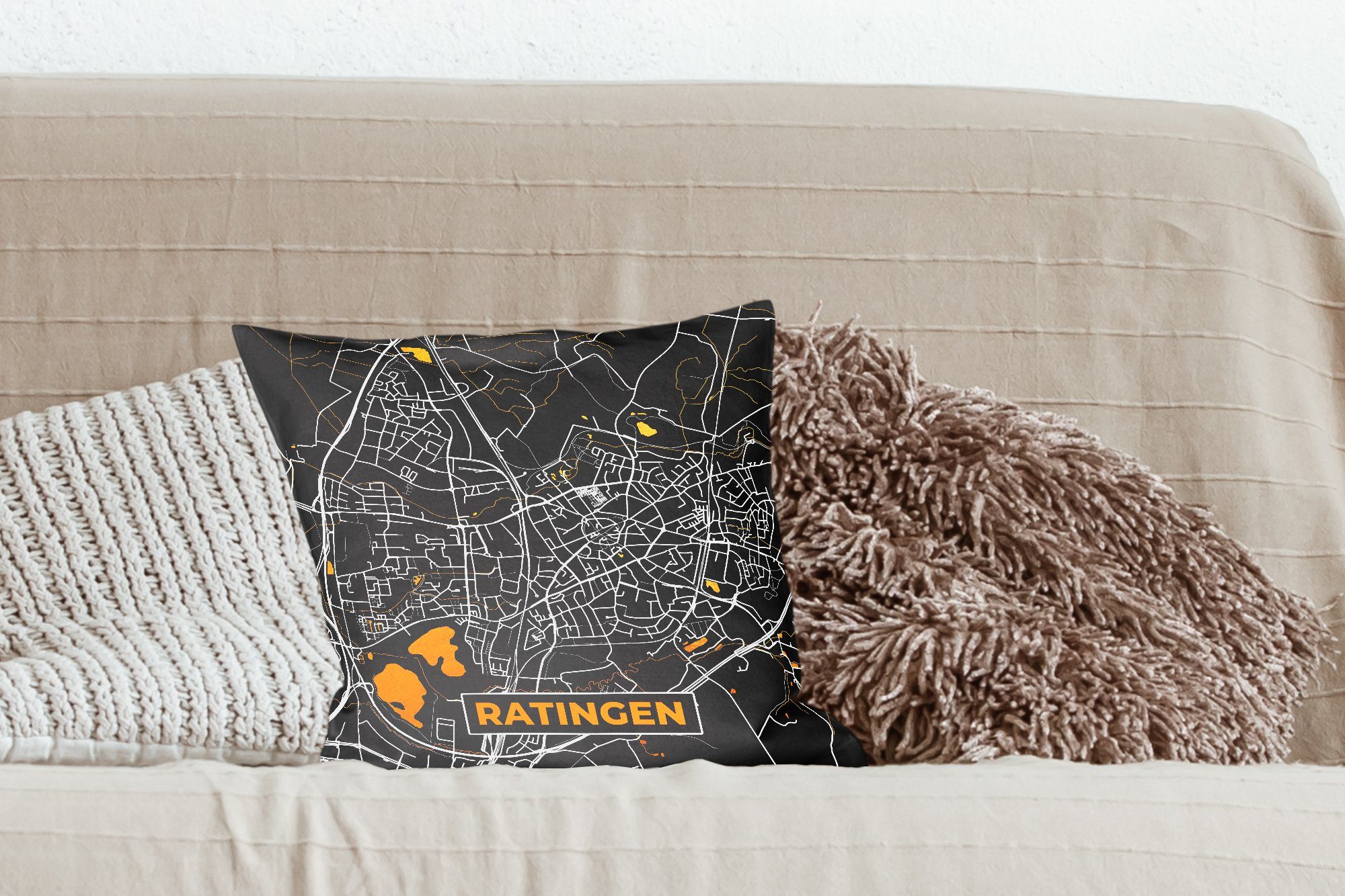 Schwarz MuchoWow Ratingen - Sofakissen Wohzimmer, Gold Deko, für - mit Schlafzimmer, - Zierkissen Karte, und Deutschland Stadtplan Füllung Dekokissen -