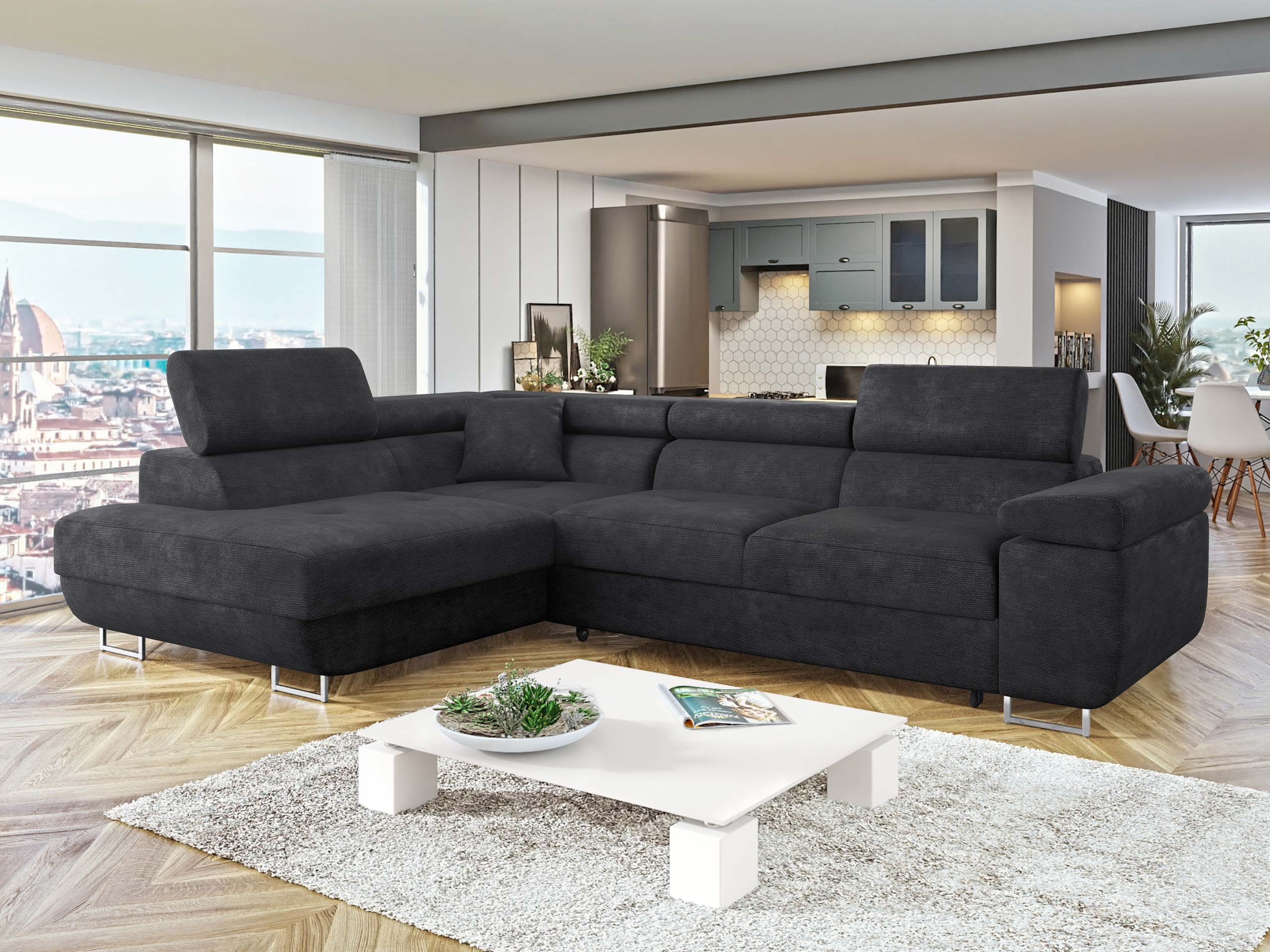 MIRJAN24 Ecksofa Torezio, mit Bettkasten und Schlaffunktion, Einstellbare Kopfstützen, 274x203x70-90 cm