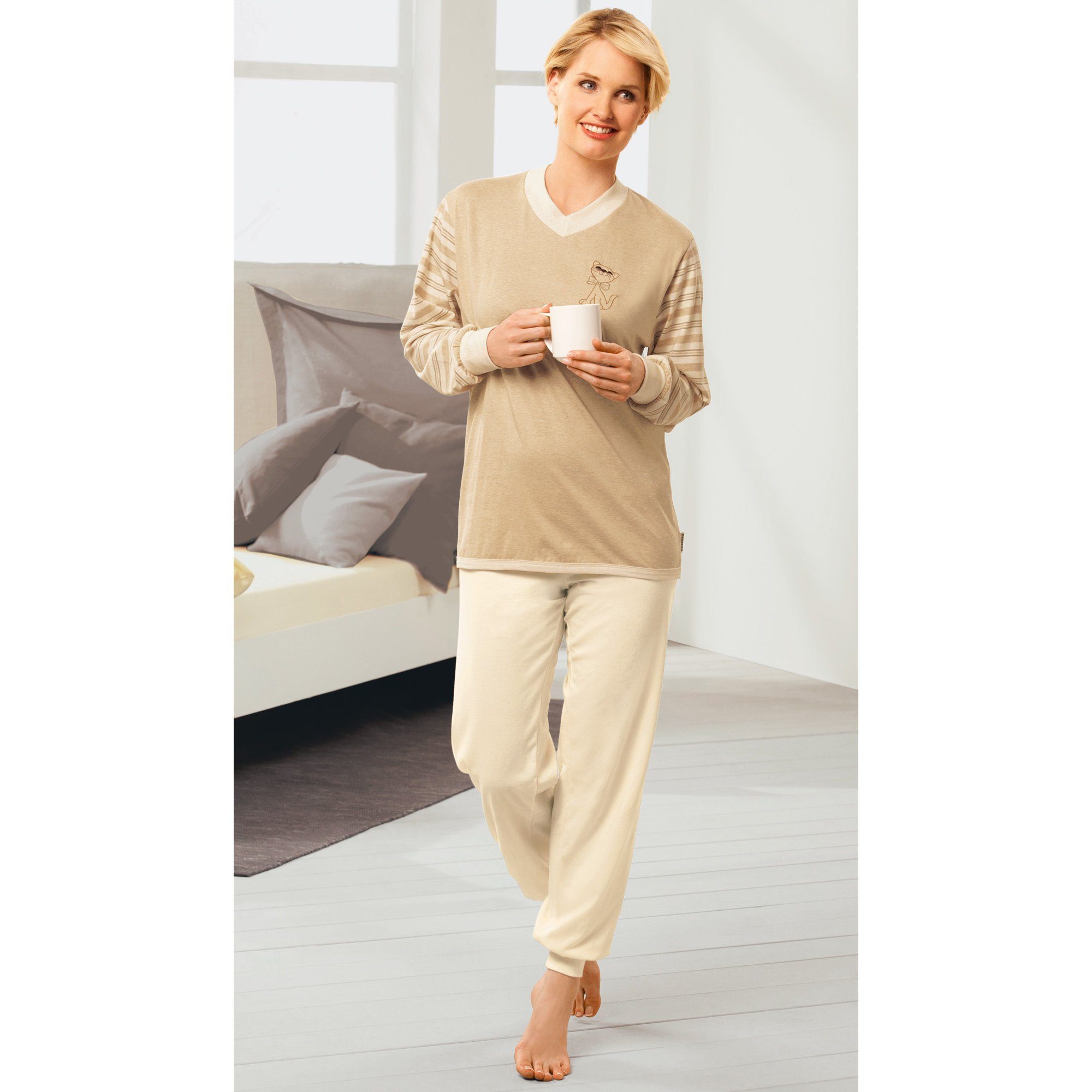 Damen-Schlafanzug Streifen Single-Jersey naturbelassen götting Pyjama