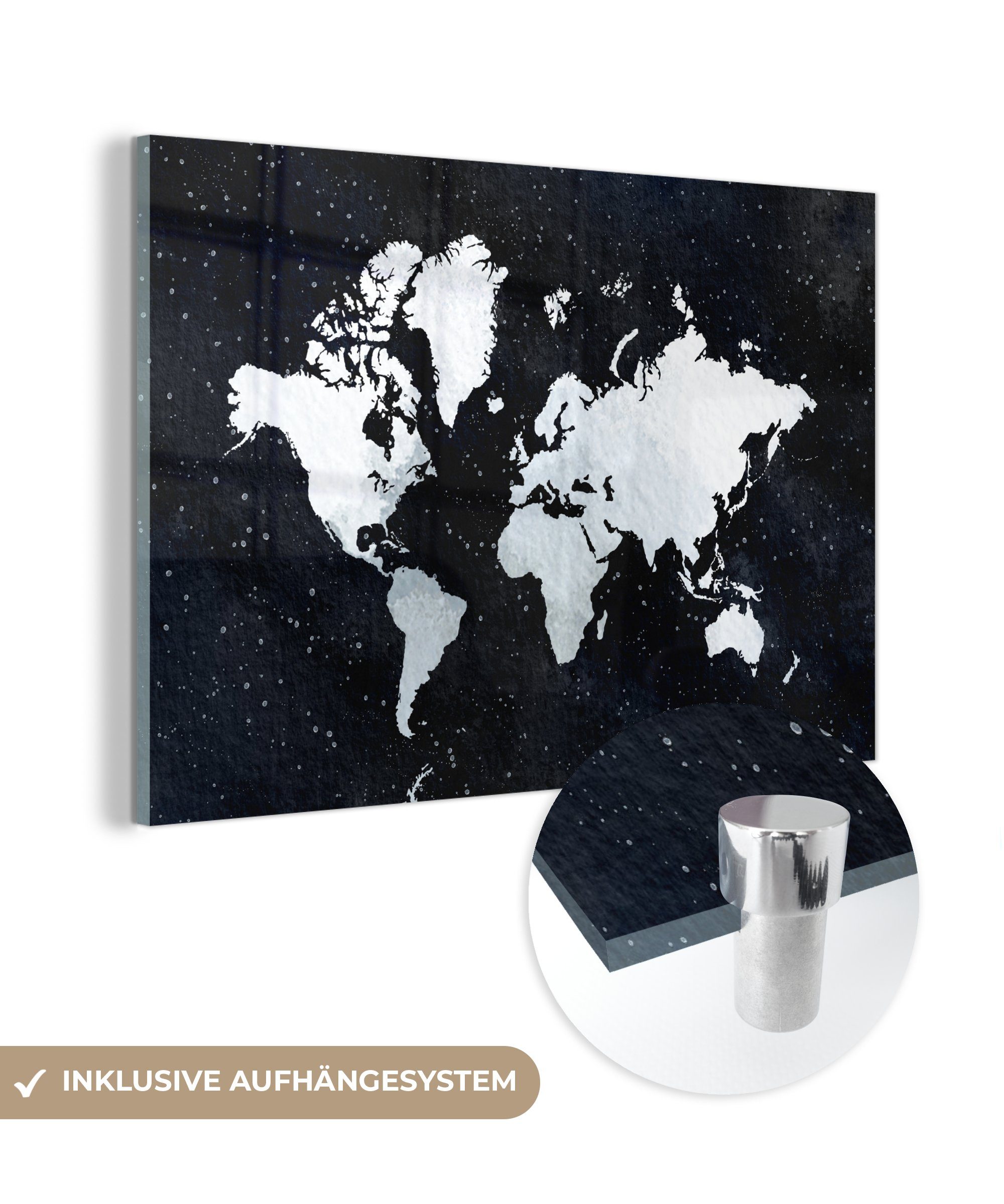 MuchoWow Acrylglasbild Weltkarte - Aquarell - Sternenhimmel, (1 St), Glasbilder - Bilder auf Glas Wandbild - Foto auf Glas - Wanddekoration