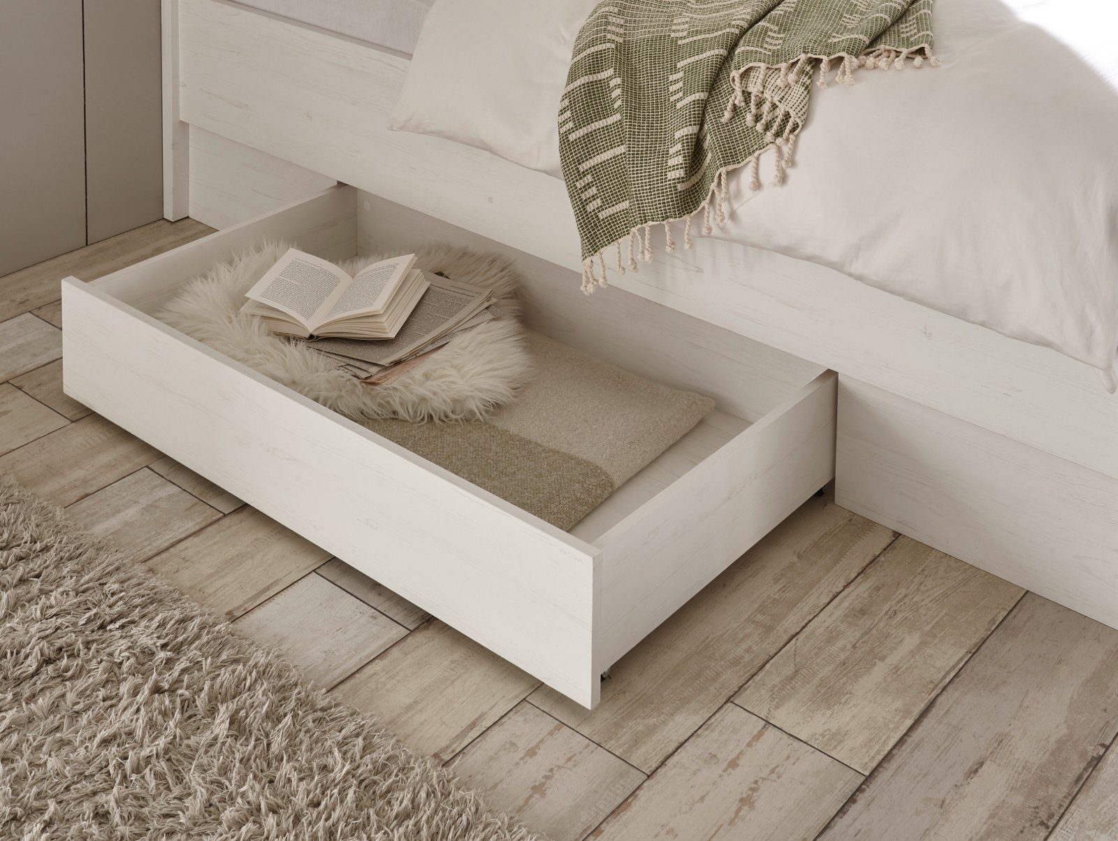 Einlasstiefe 100 x weiß Furn.Design Bett in mit verstellbarer (Einzelbett Landhaus, Pinie 200 Rovola cm), Liegefläche