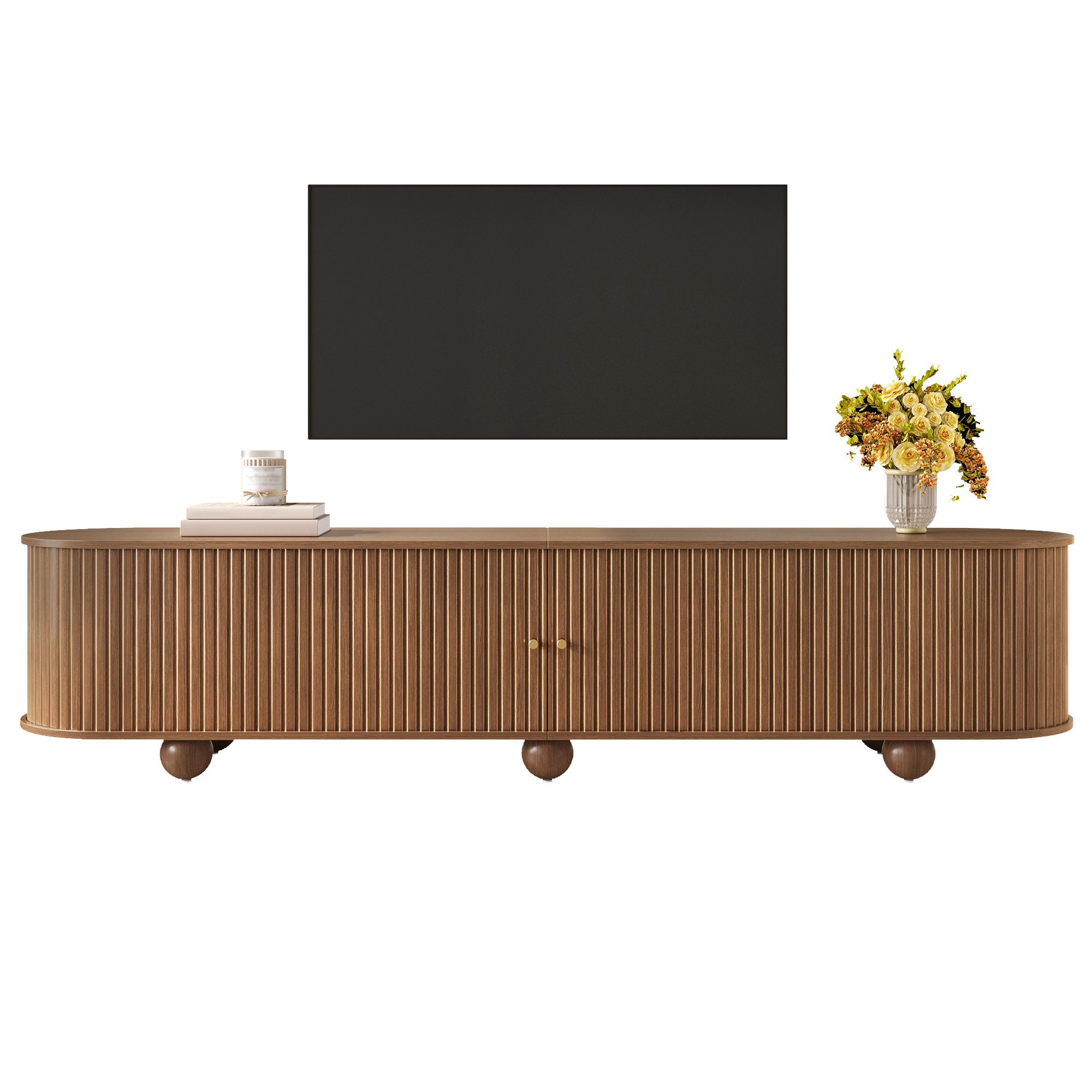 Merax Lowboard im Retro-Design, TV Möbel mit vertikal geriffelten Türen (1 St), TV Schrank mit Schiebetüren, Kugelfüßen & Stauraum, 180×35×45cm