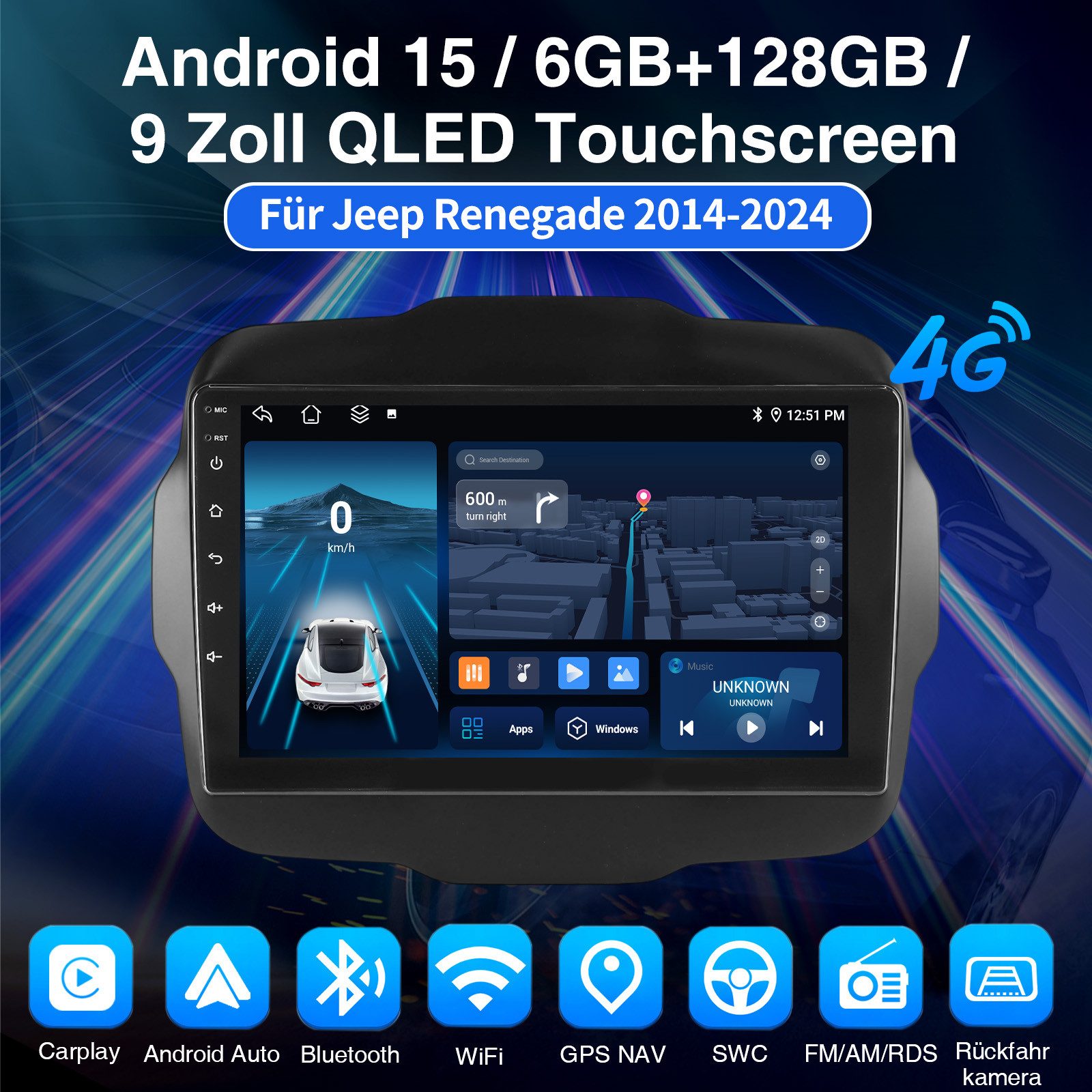 ESSGOO Für Jeep Renegade 2014-24 Android 15 6+128G Carplay Autoradio GPS Navi Autoradio (DAB (optional), DAB+ (optional), 4G LTE, 6GB+128GB, RDS, AM, FM, Carplay Android Auto Bluetooth EQ USB GPS Navi WIFI Touchscreen)