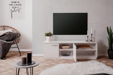 möbelando TV-Board Montecarlo, Modernes TV-Board aus Spanplatte in Weiß Hochglanz mit 2 Türen, 2 Einlegeböden und 2 offenen Fächern. Breite 140 cm, Höhe 45 cm, Tiefe 33,4 cm