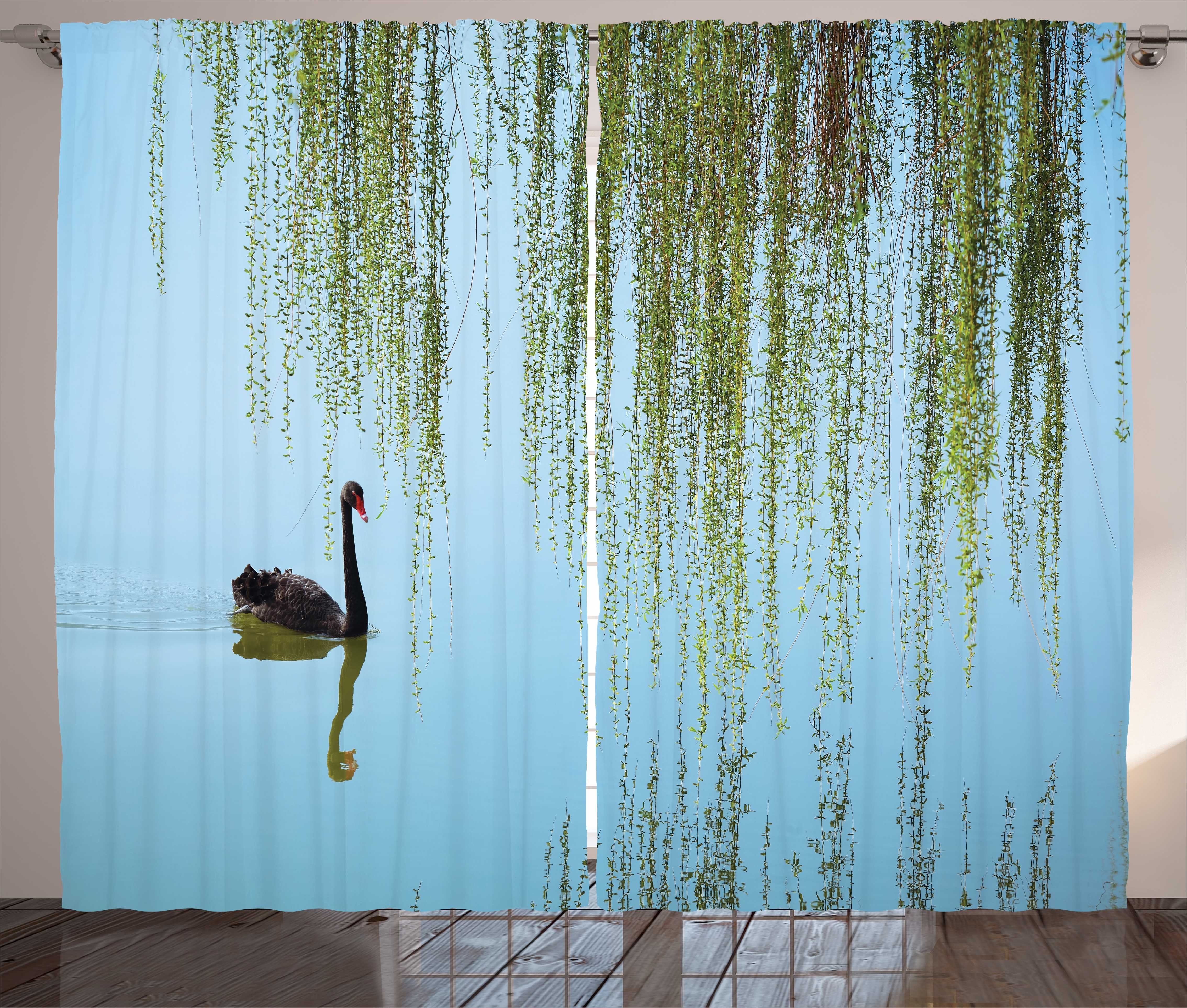 Gardine Schlafzimmer Kräuselband Vorhang mit Schlaufen und Haken, Abakuhaus, Weidenbaum Black Swan auf dem See