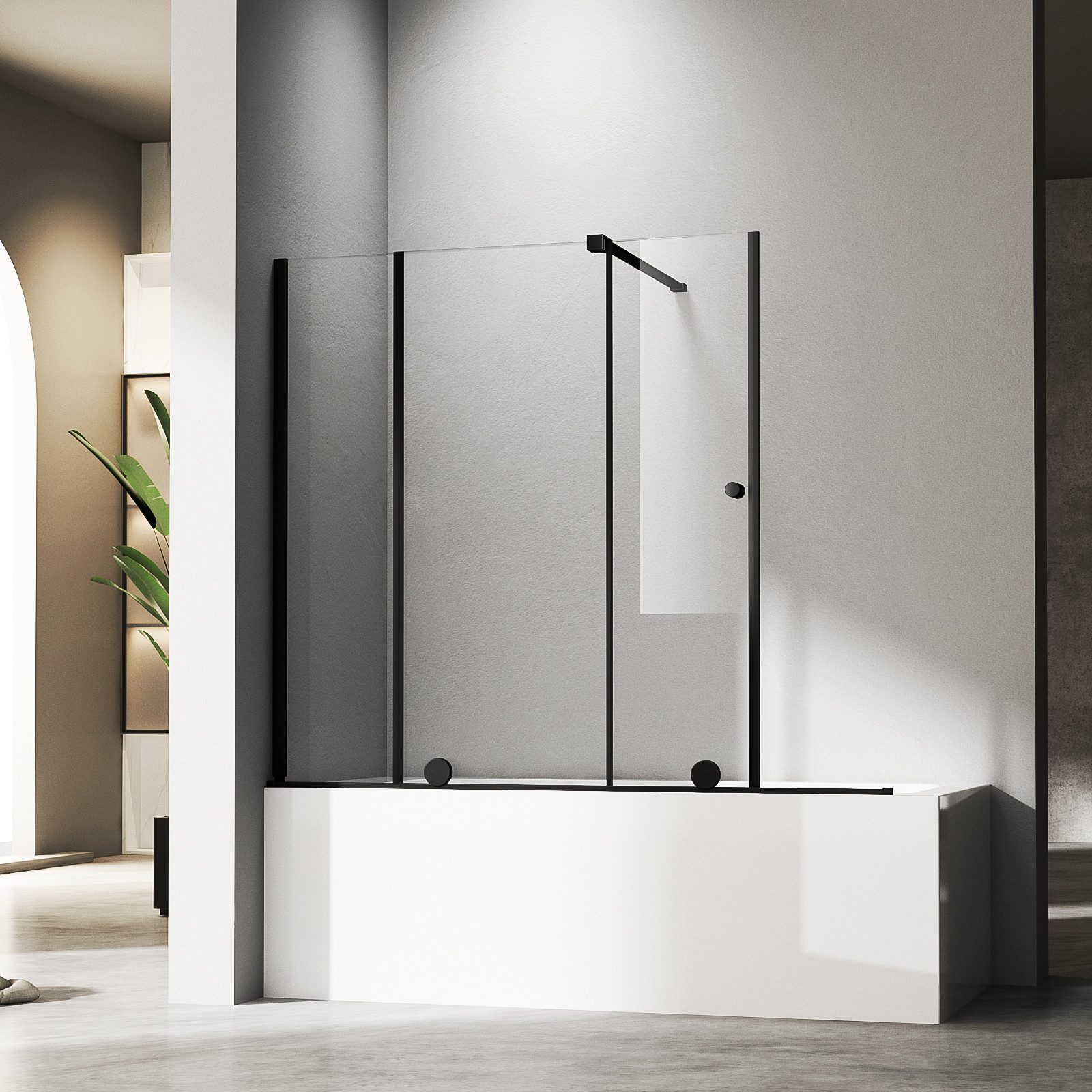 Hopibath Duschwand für Badewanne Schiebetür Badewannenaufsatz Schwarz Modern mit Stangen, 6mm Sicherheitsglas, (Duschtrennwand Glaswand Rahmenlos, mit Rollensystem), Rechts-und Links montierbar