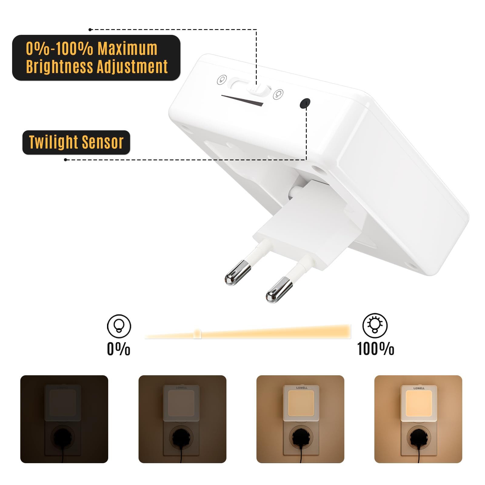 LQWELL LED Steckdosenleuchte LED Nachtlicht Baby Nachtlampe Steckdose Faltbar mit Dämmerungssensor, Nachtlampe Einstellbare Helligkeit, LED fest integriert, Automatisch Steckdosenlicht, Orientierungslicht Warmweiß, Für Schlafzimmer, Kinderzimmer, Flur, Treppenhaus und Wohnzimmer