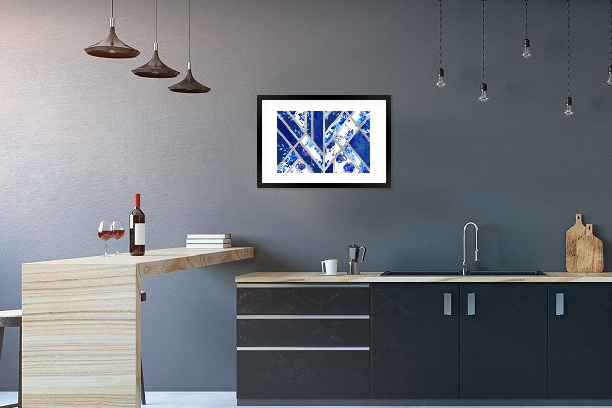 MuchoWow Poster Design - Delfter Blau - Luxus, (1 St), mit Rahmen, Kunstdruck, Gerahmtes Poster, Schwarzem Bilderrahmen