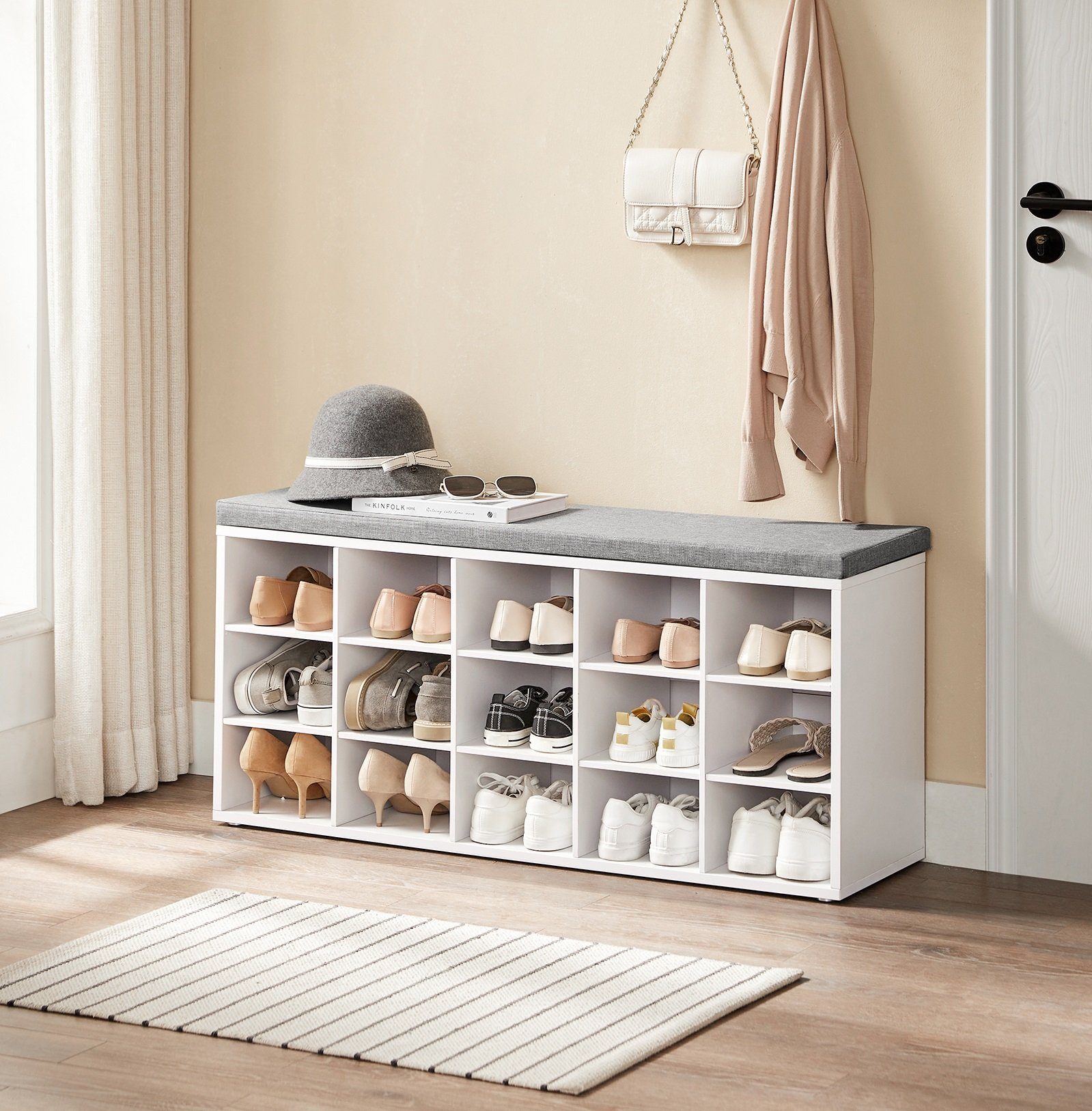 VASAGLE Schuhbank, Schuhregal, mit 15 Fächern, 105 x 30 x 48 cm