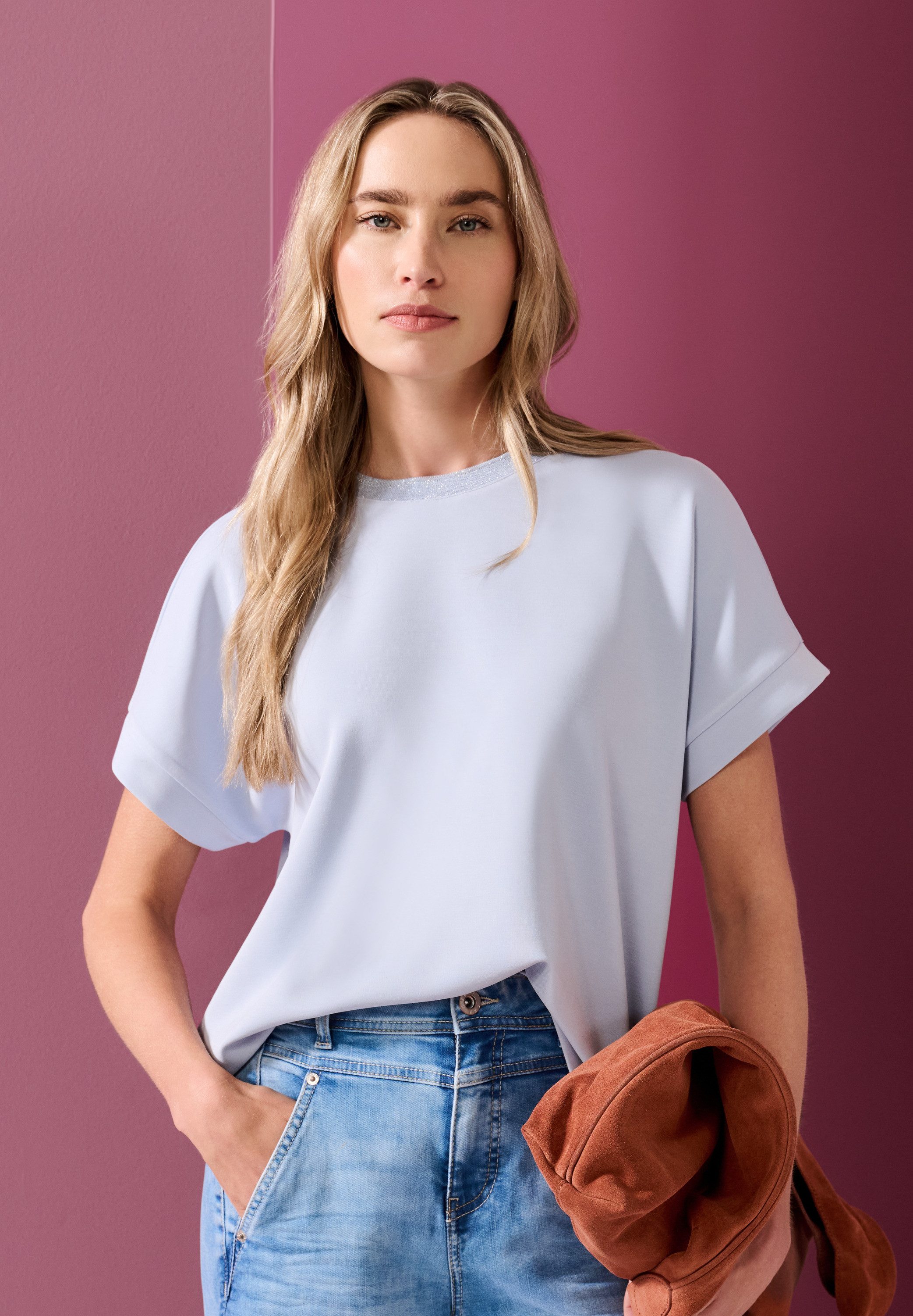 STREET ONE Kurzarmshirt Sommershirt im Silk-Look und mit Glitzerdetail