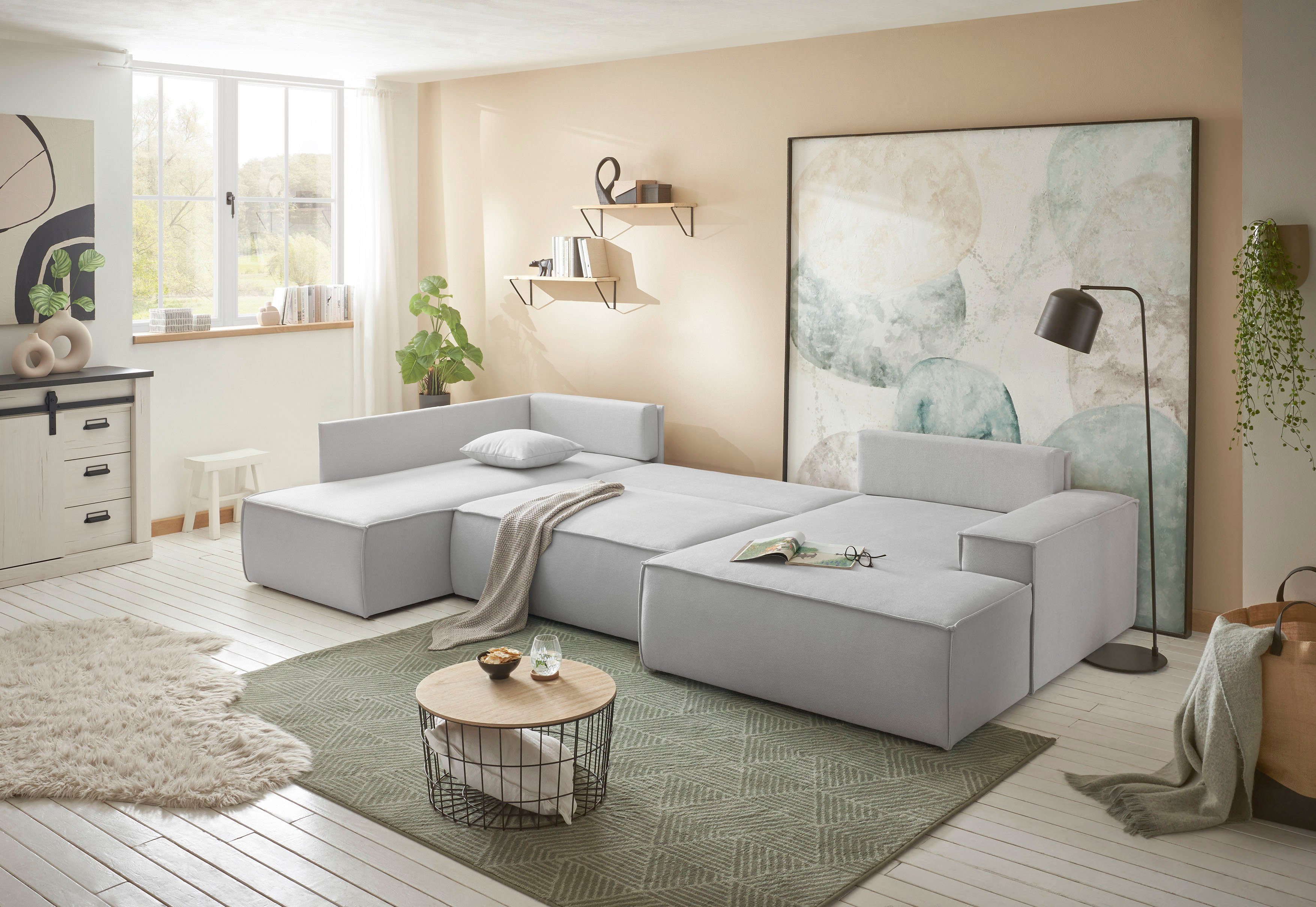 OTTO home Wohnlandschaft, Schlafsofa, Bettkasten, in Bouclé, Struktur fein und Mega Cord
