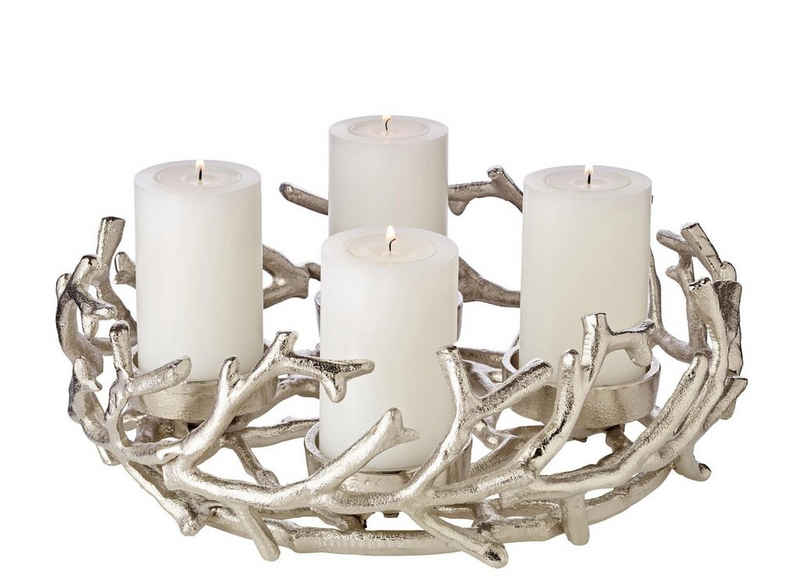 EDZARD Adventskranz Porus M, (30 cm) Kerzenhalter für Stumpenkerzen, Adventsleuchter als Weihnachtsdeko für 4 Kerzen á Ø 6 cm, Kerzenkranz als Tischdeko mit Silber-Optik, vernickelt
