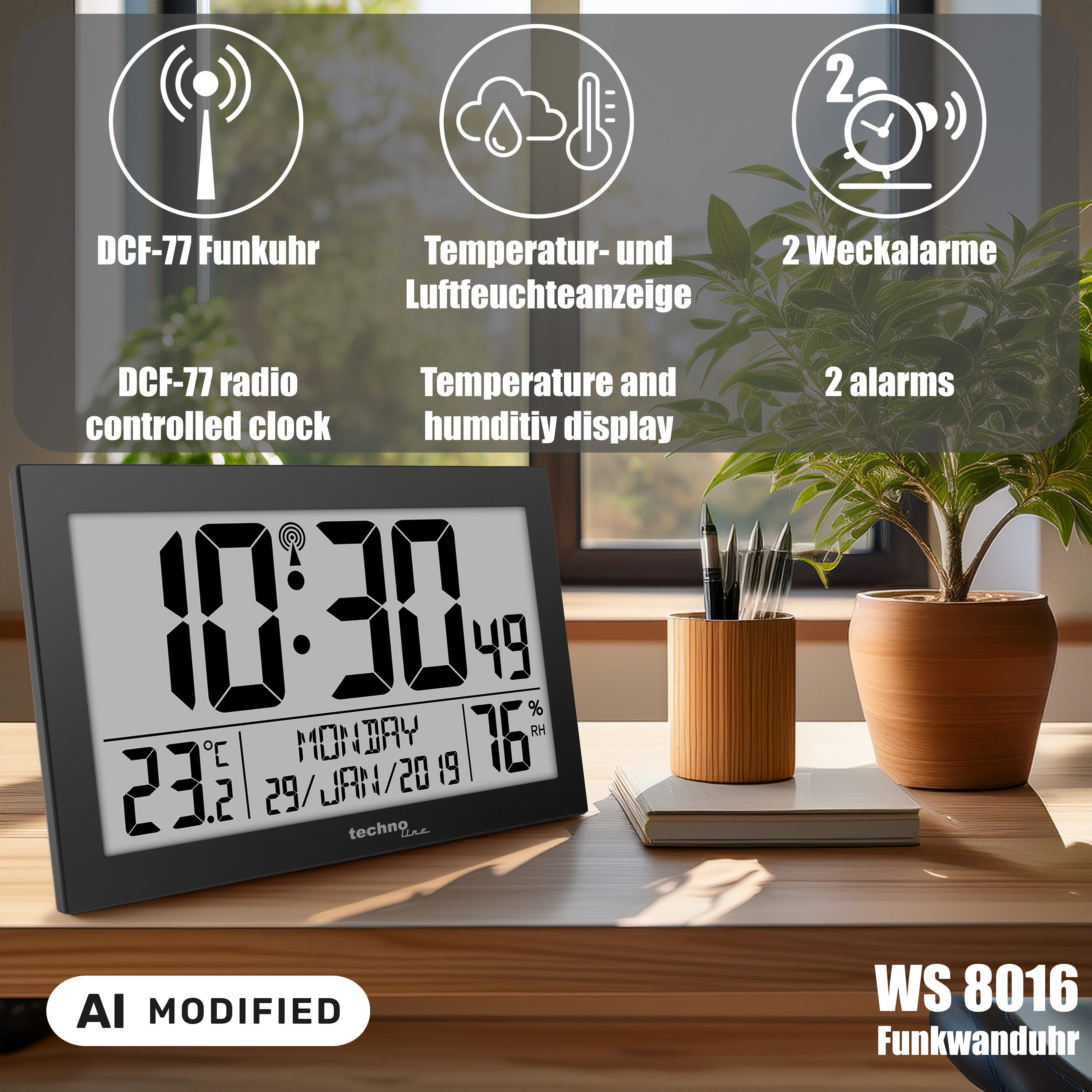 technoline Funkwanduhr WS 8016 (mit Temperatur- und Luftfeuchteanzeige)