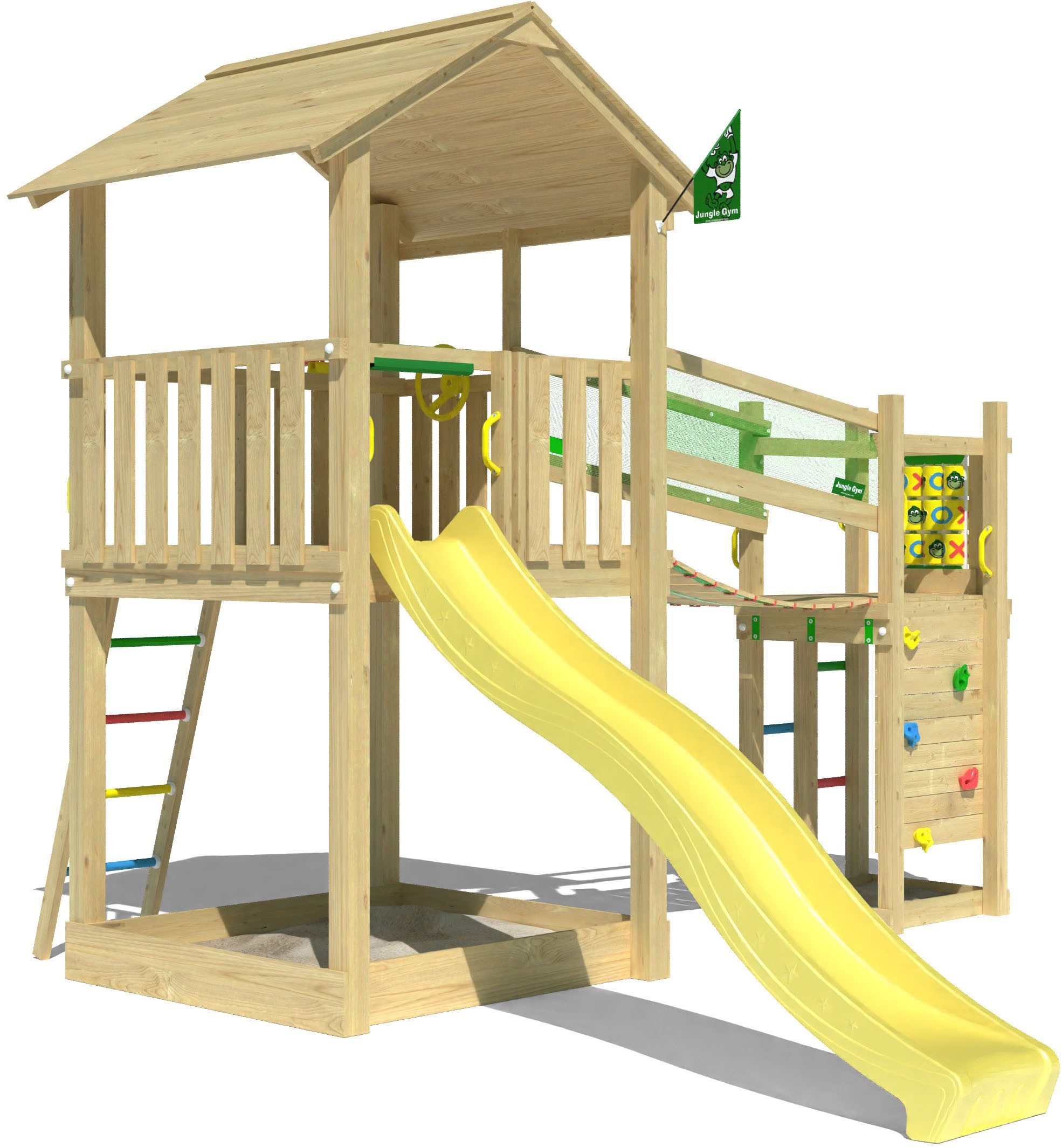 Jungle Gym Spielturm Fortress, Spielanlage mit 2 Türmen, Brücke und Rutsche mit Wasseranschluss
