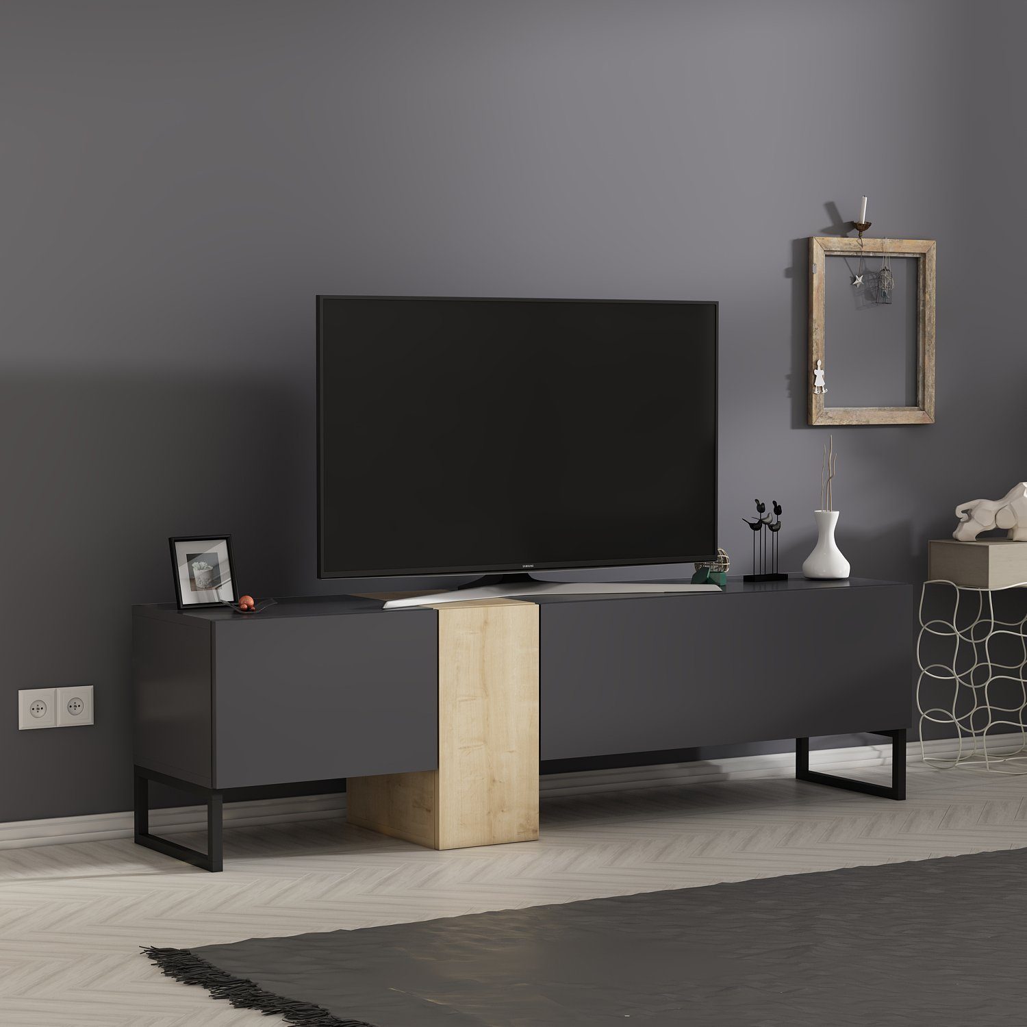 modernes grifflosen TV Lowboard Lowboard 9161, Türen Anthrazit in Saphir Saphir Metall mit moebel17 TV-Regal und Füße TV Anthrazit