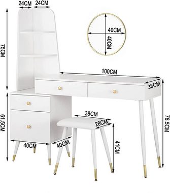 Woltu Schminktisch, mit Hocker Spiegel, 4 Schubladen, Große Tischplatte, Weiß
