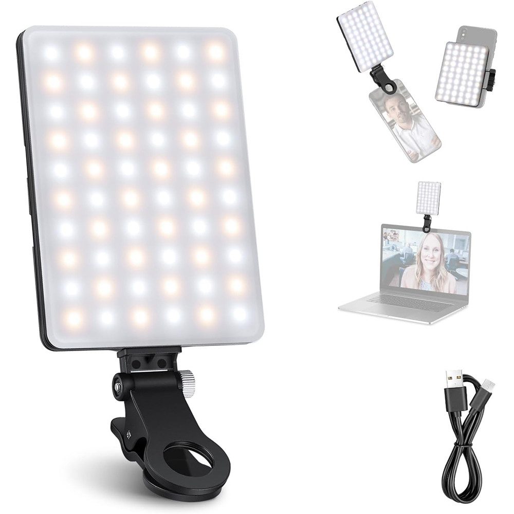 TUWENA Videoleuchte Clip On Selfie Licht, 60 LED Videolicht, Wiederaufladbares Panel-Licht, 3 Lichtmodi und 10 Helligkeit für Phone, iPhone, Android, iPad, Laptop