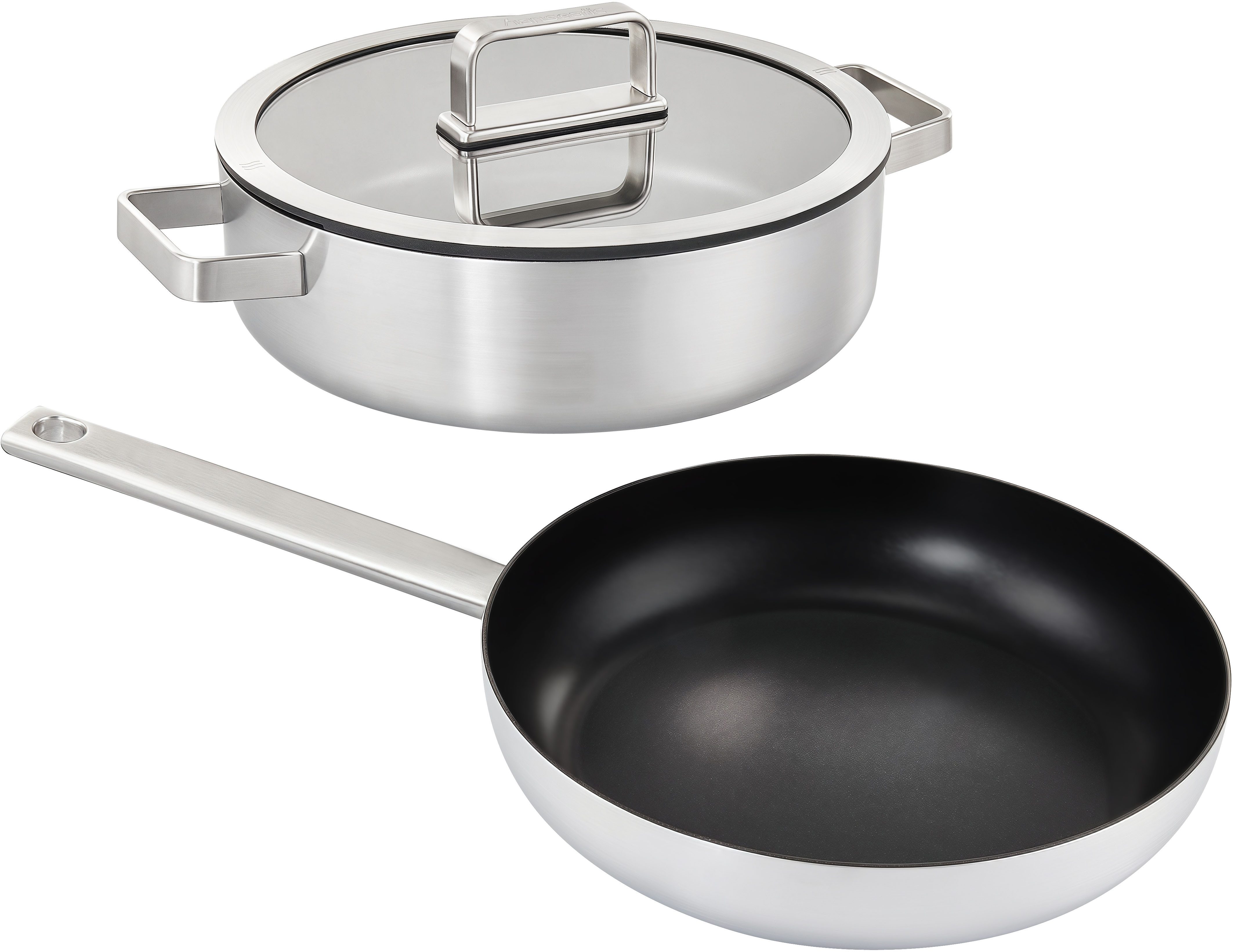 Hanseatic Сковороды-Set PREMIUM, Edelstahl (Set, 3-tlg., 1x Pfanne 24 cm, 1x Servierpfanne 28 cm mit Deckel), mit Antihaftbeschichtung, für alle Herdarten, Induktion
